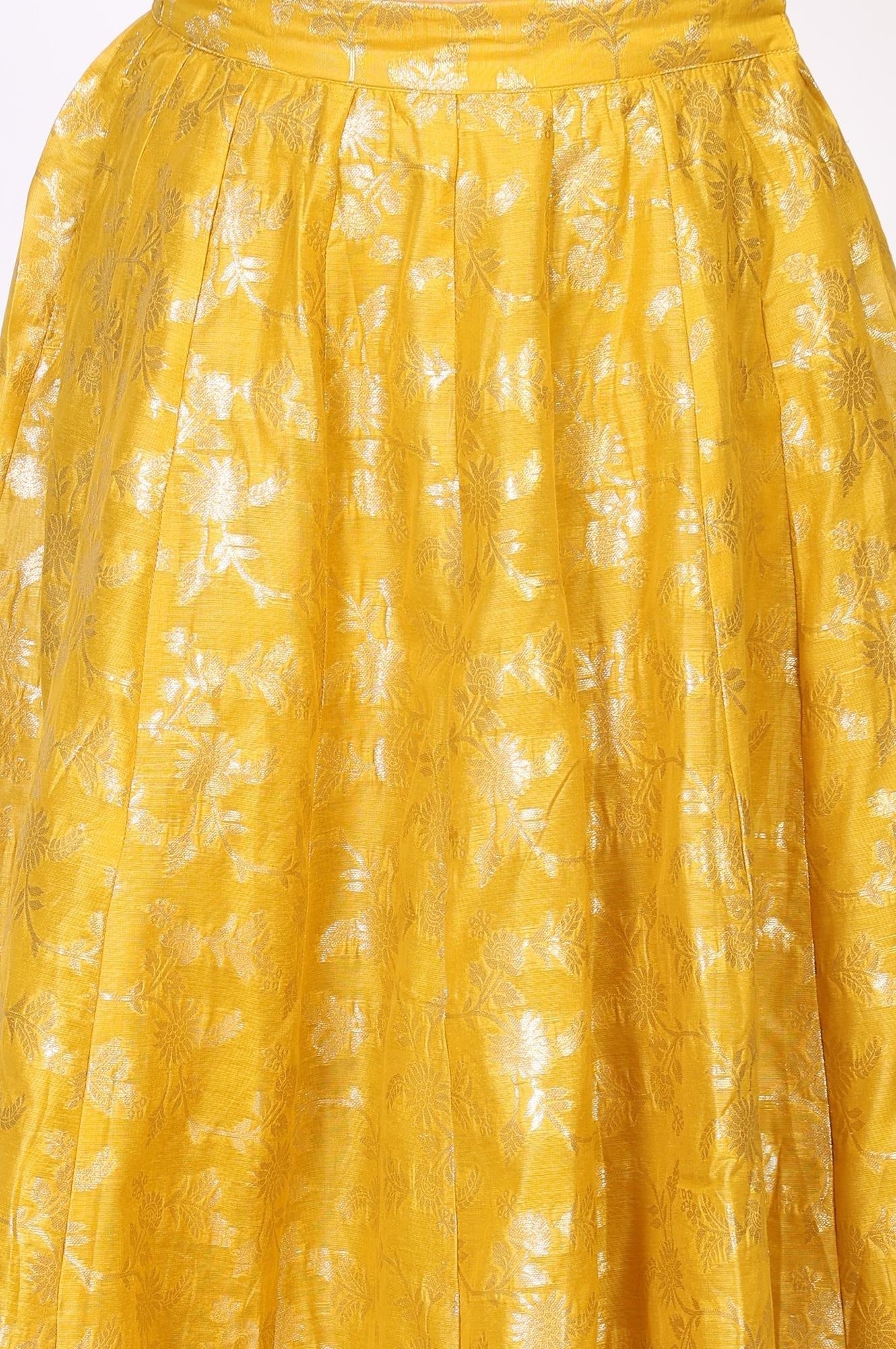 Yellow Floral Thread Work Flared Jacquard Skirt - Image 6