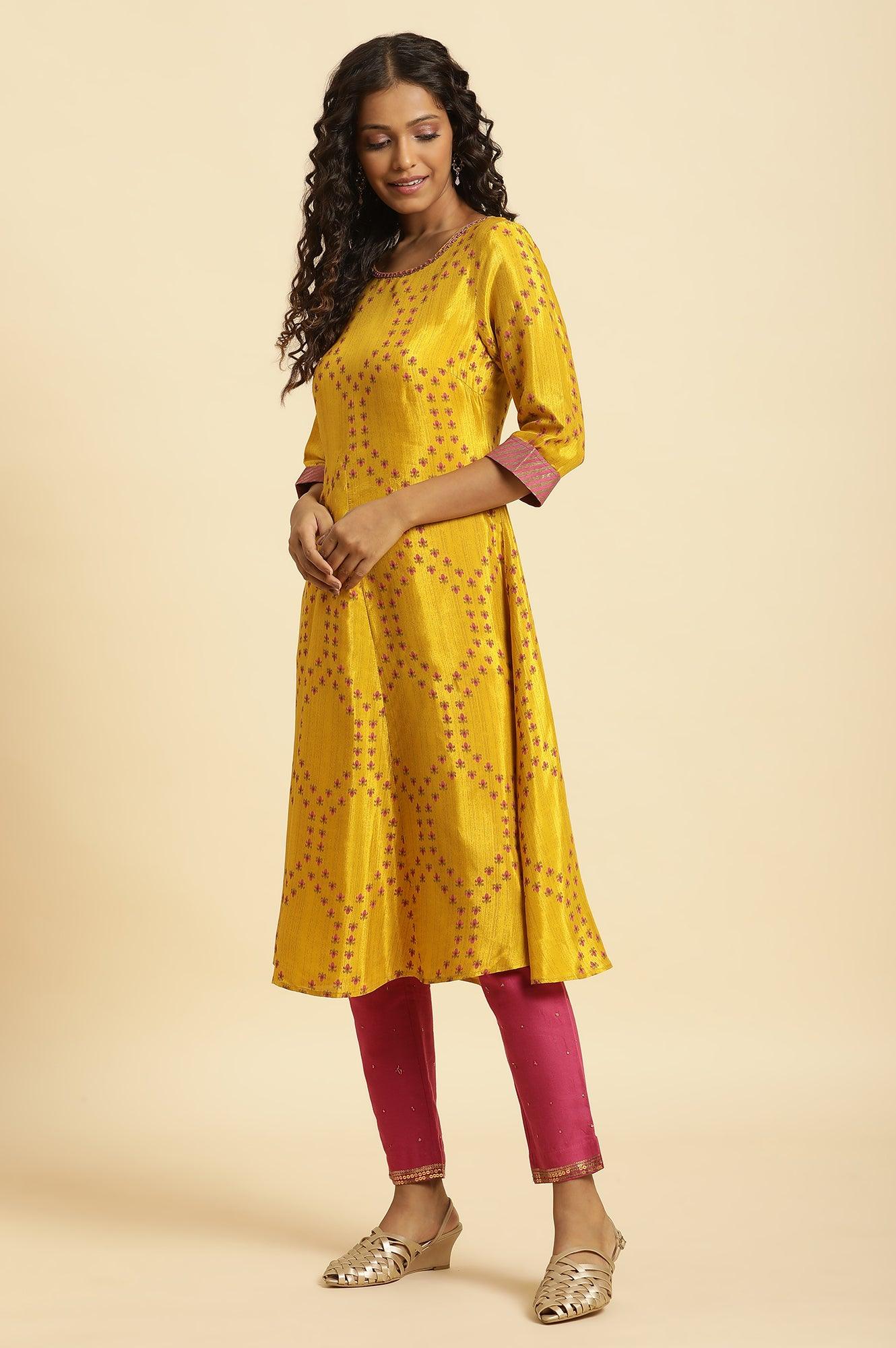 Yellow Geometric Printed A-Line Kurta - Image 3