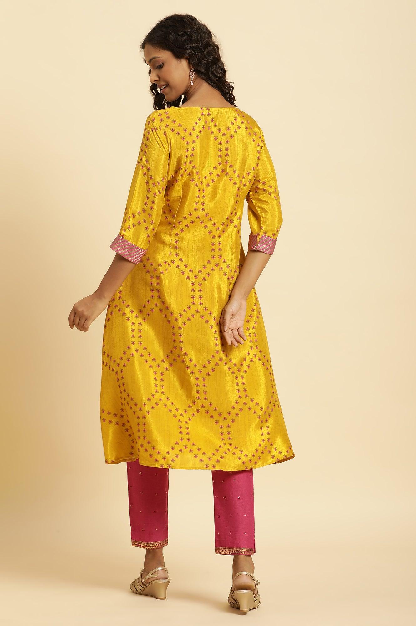 Yellow Geometric Printed A-Line Kurta - Image 4