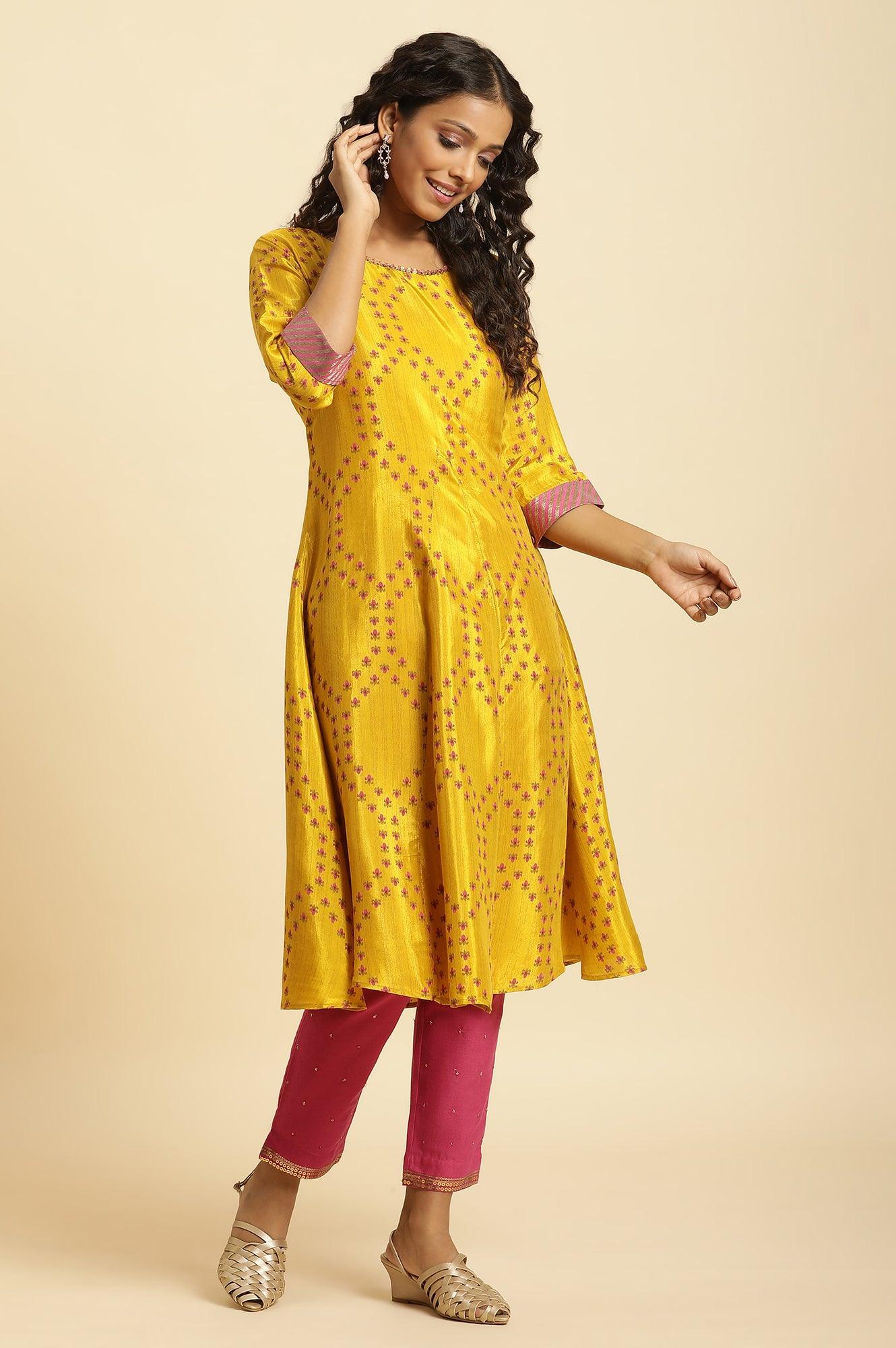 Yellow Geometric Printed A-Line Kurta - Image 5