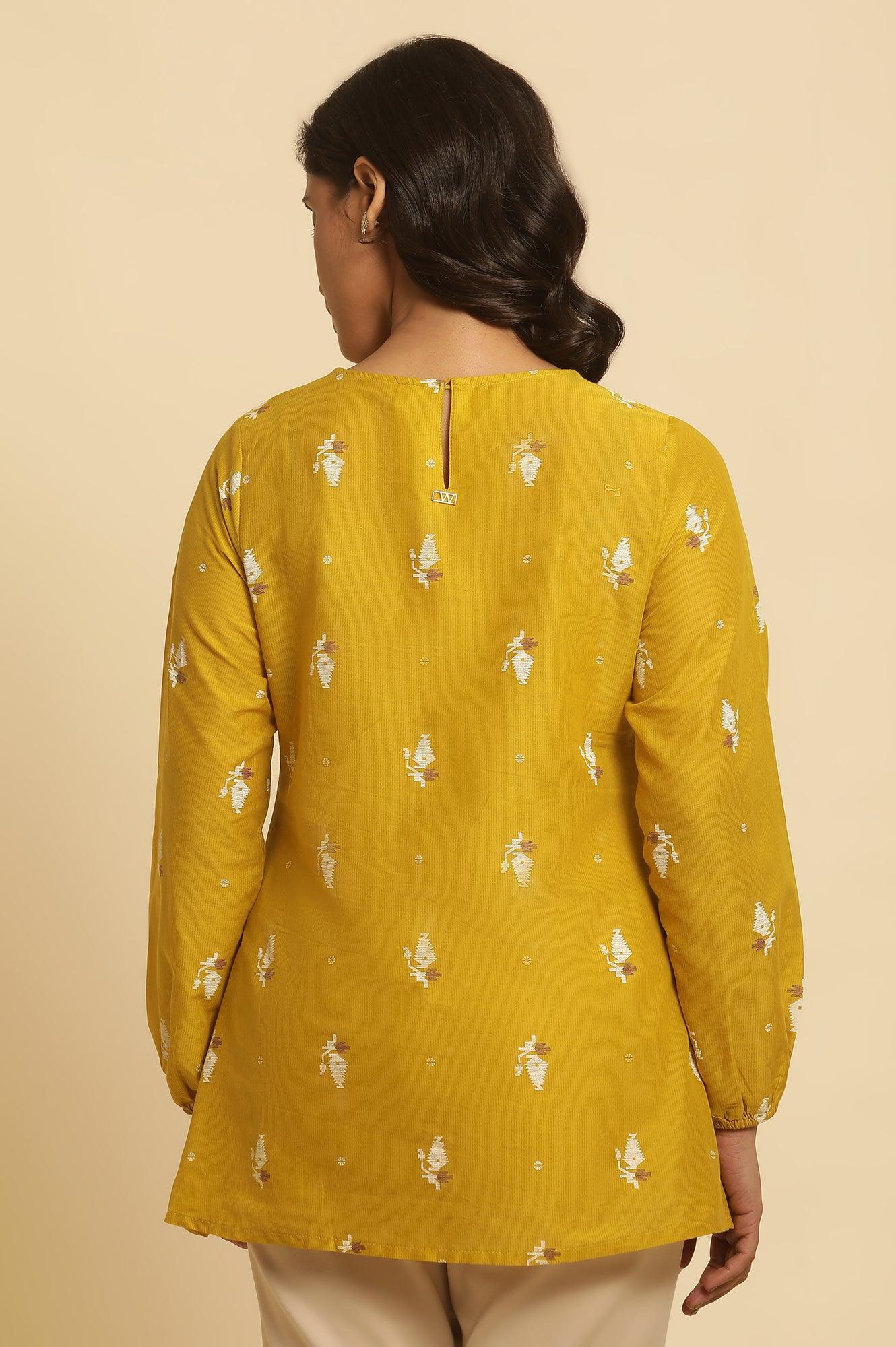 Yellow Geometric Printed And Embroidered Top - Image 3