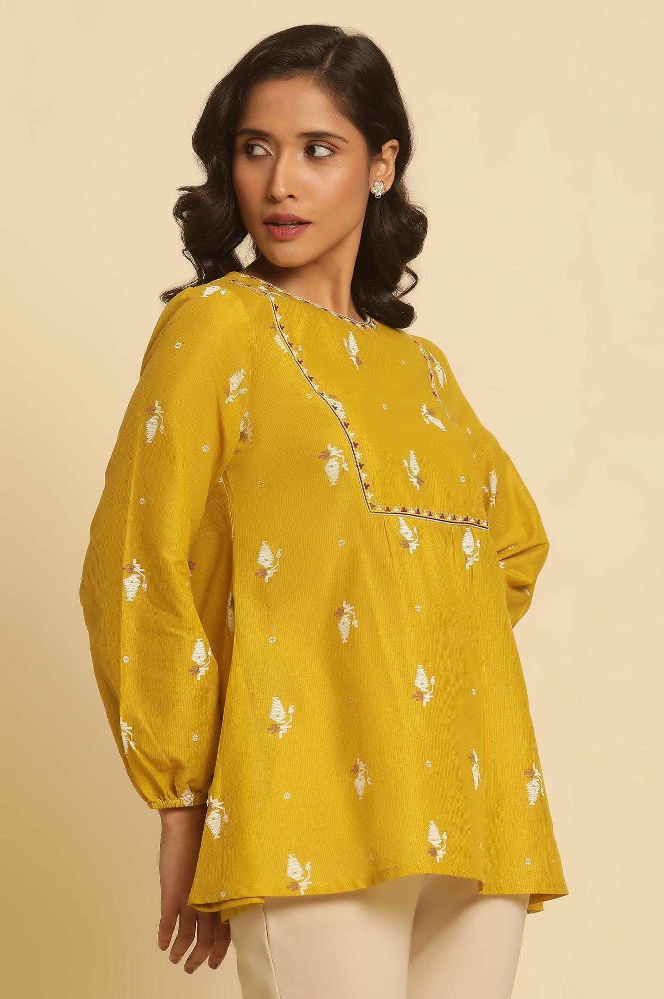 Yellow Geometric Printed And Embroidered Top - Image 4