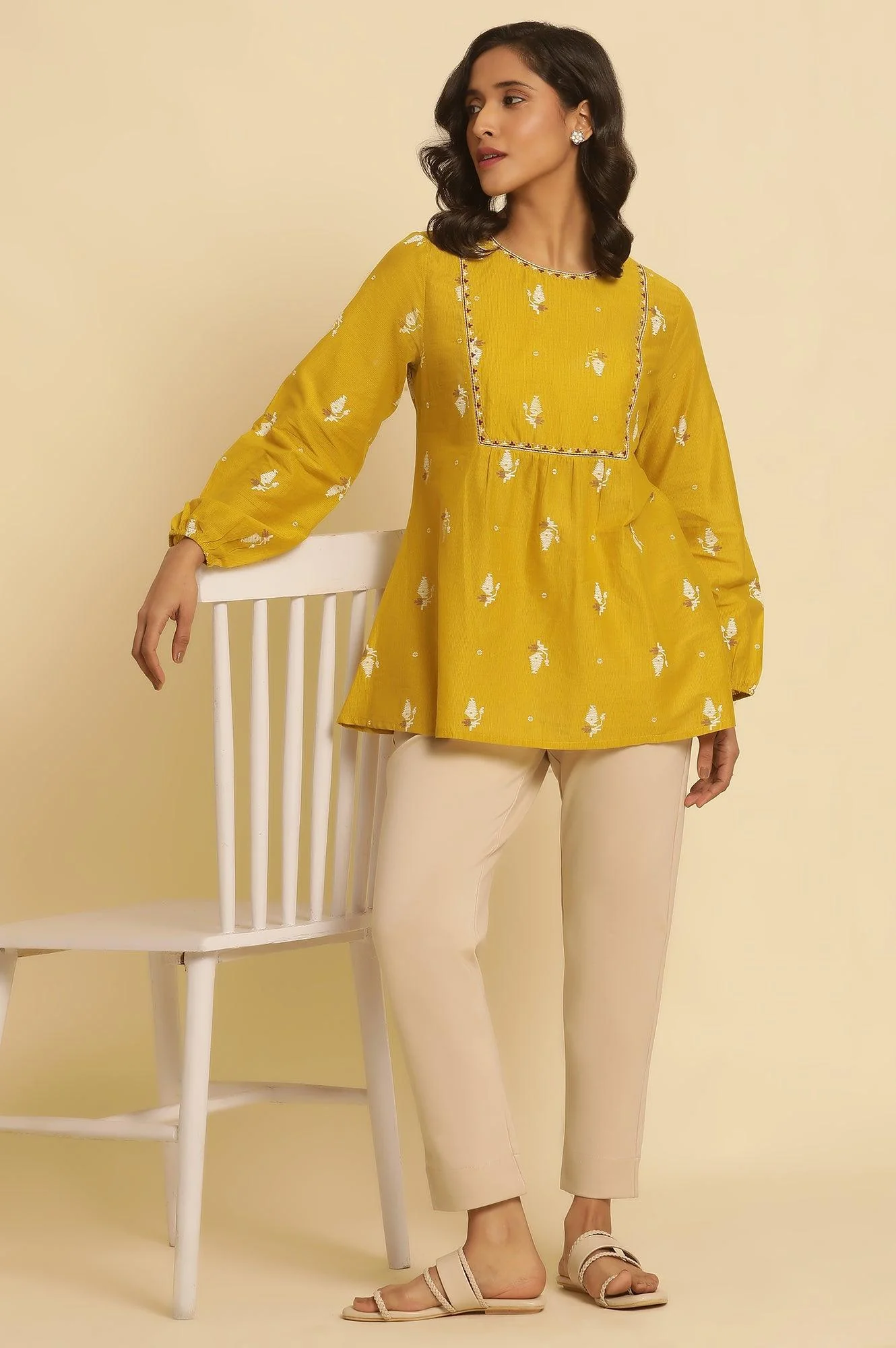Yellow Geometric Printed And Embroidered Top - Image 5