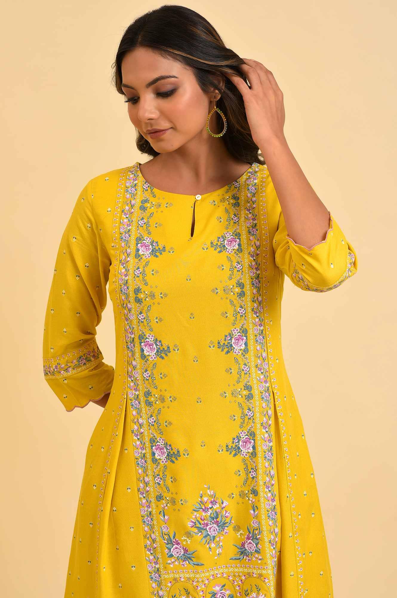 Yellow Glitter Printed A-Line kurta - Image 5
