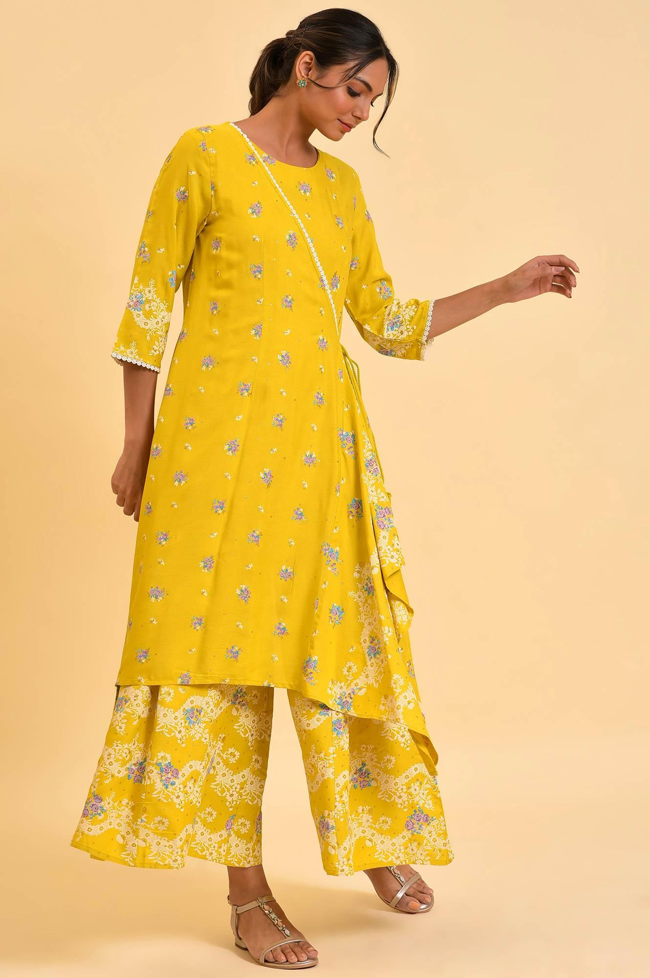 Yellow Glitter Printed Angrakha Jumpsuit - Image 4