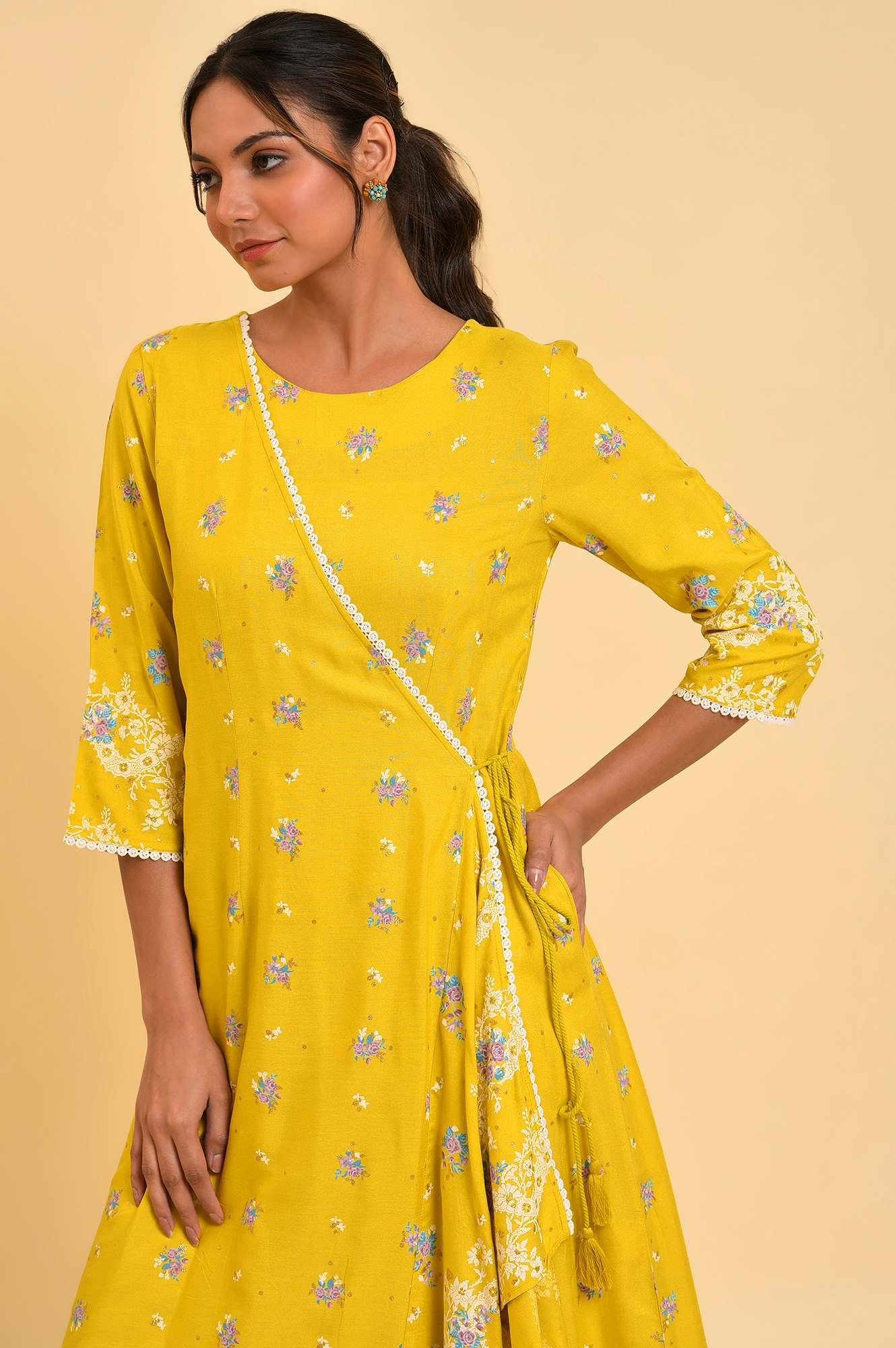 Yellow Glitter Printed Angrakha Jumpsuit - Image 5