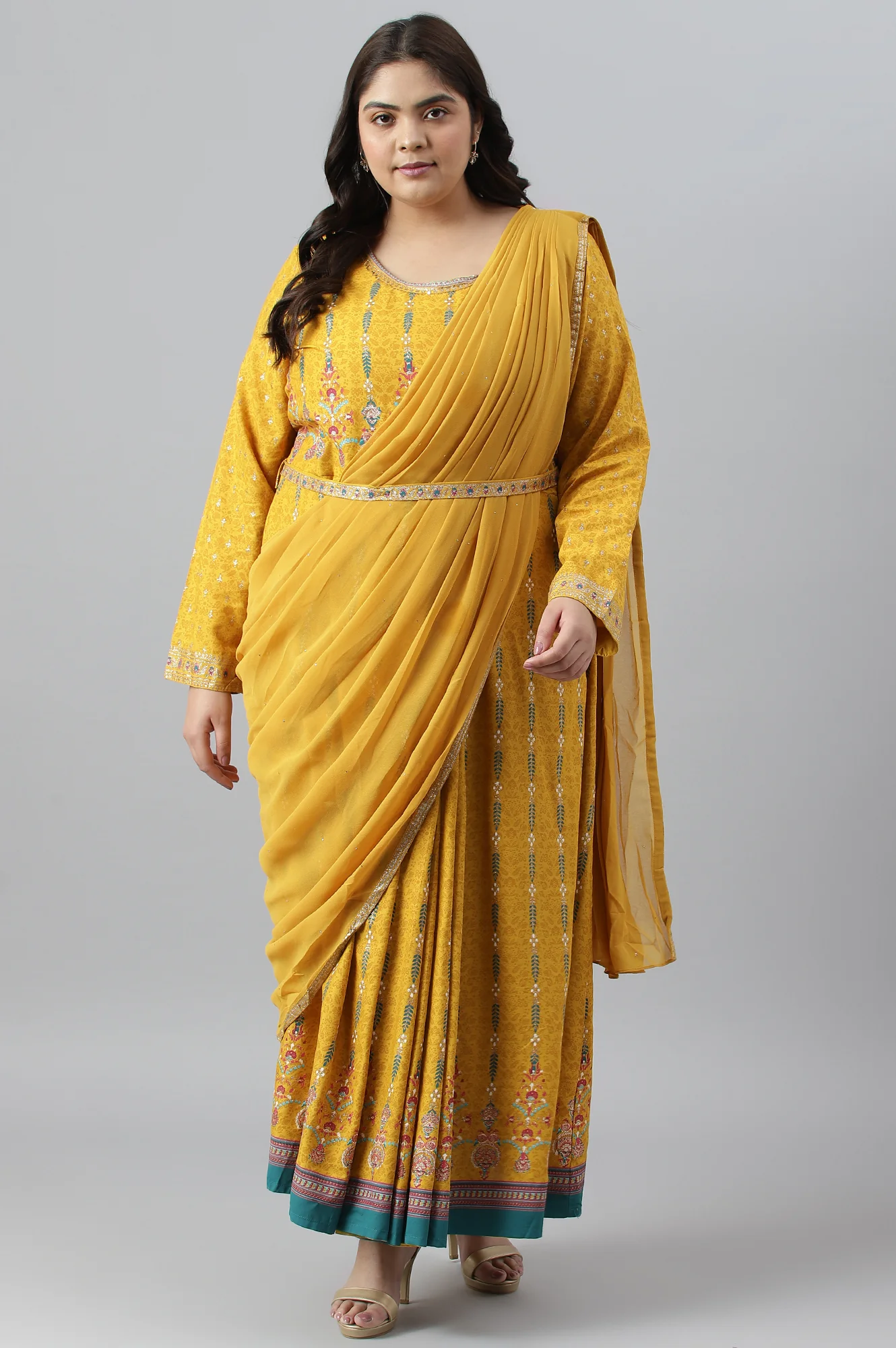 Yellow Glitter Printed Belted Georgette Saree Dress