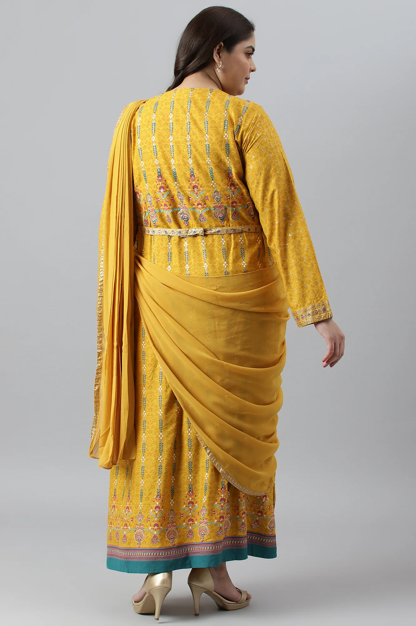 Yellow Glitter Printed Belted Georgette Saree Dress - Image 2