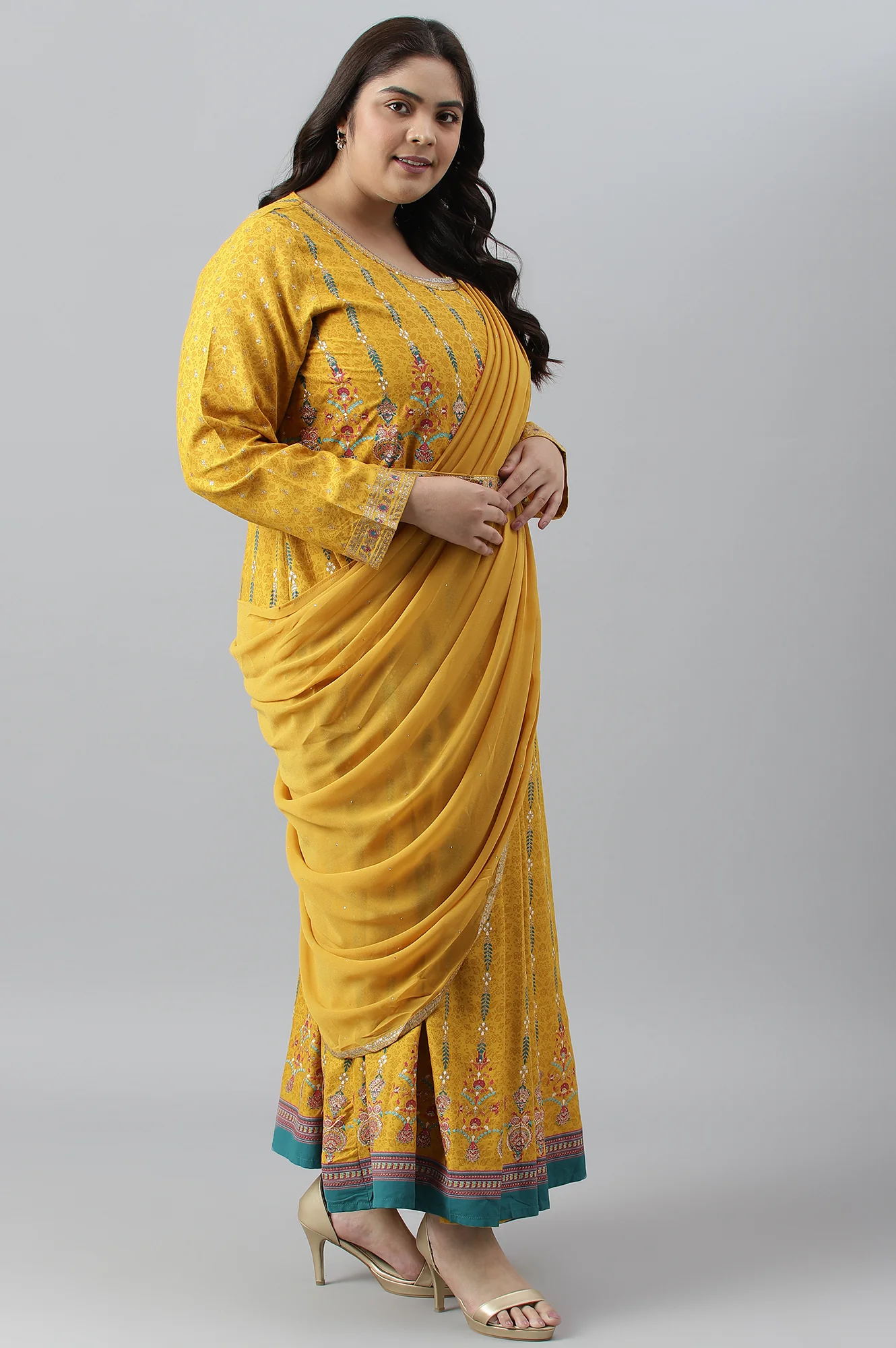 Yellow Glitter Printed Belted Georgette Saree Dress - Image 3