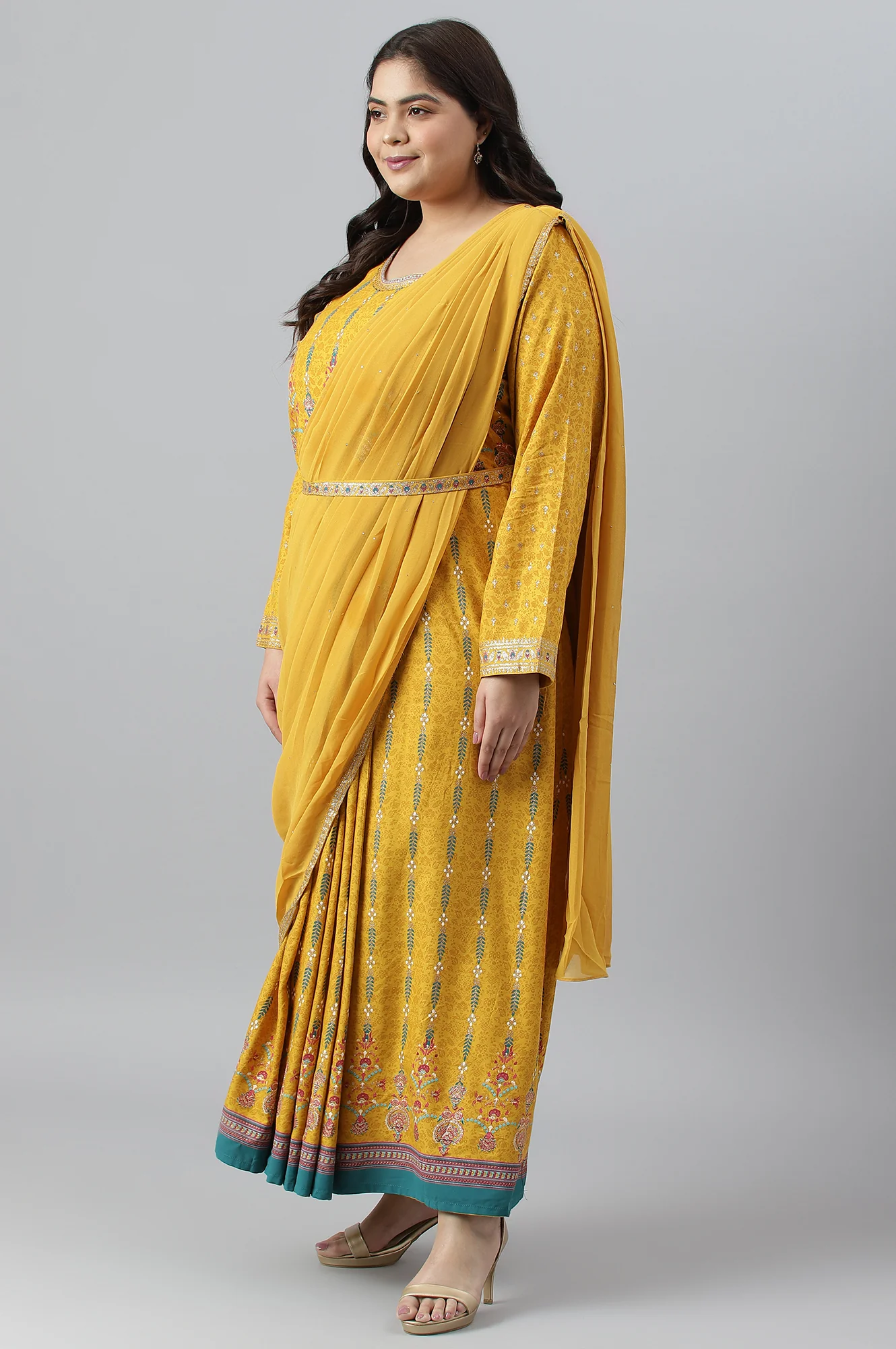 Yellow Glitter Printed Belted Georgette Saree Dress - Image 4