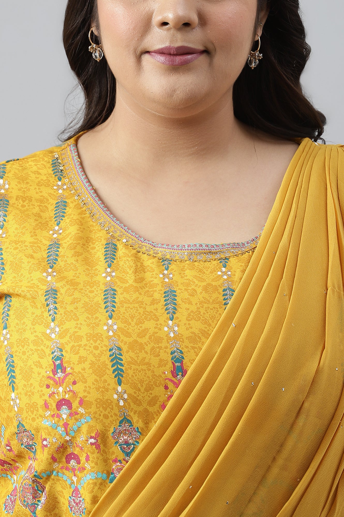 Yellow Glitter Printed Belted Georgette Saree Dress - Image 5