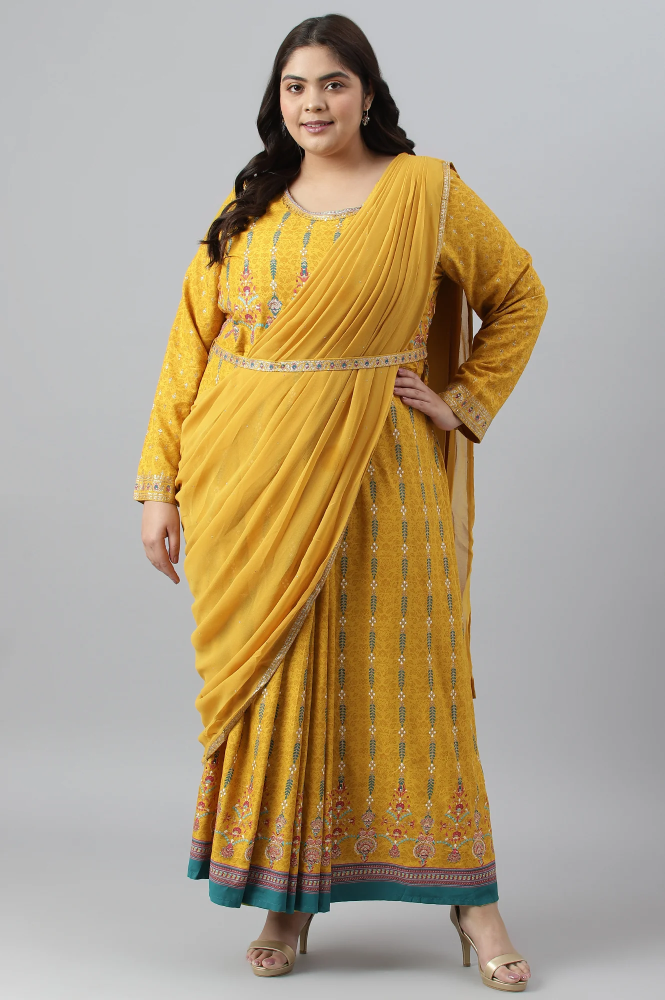 Yellow Glitter Printed Belted Georgette Saree Dress - Image 6