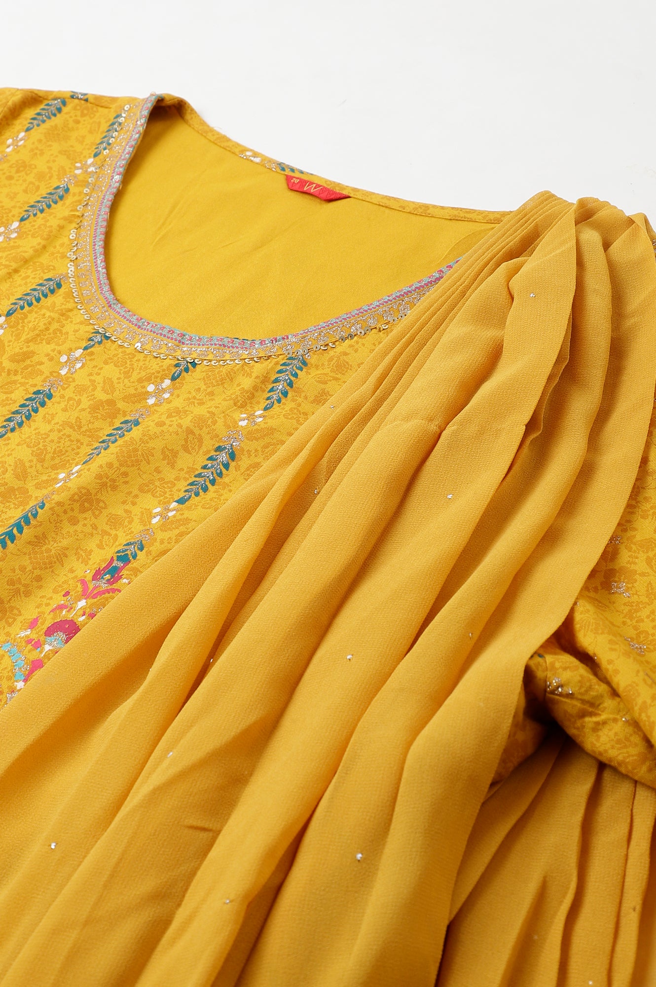 Yellow Glitter Printed Belted Georgette Saree Dress - Image 7