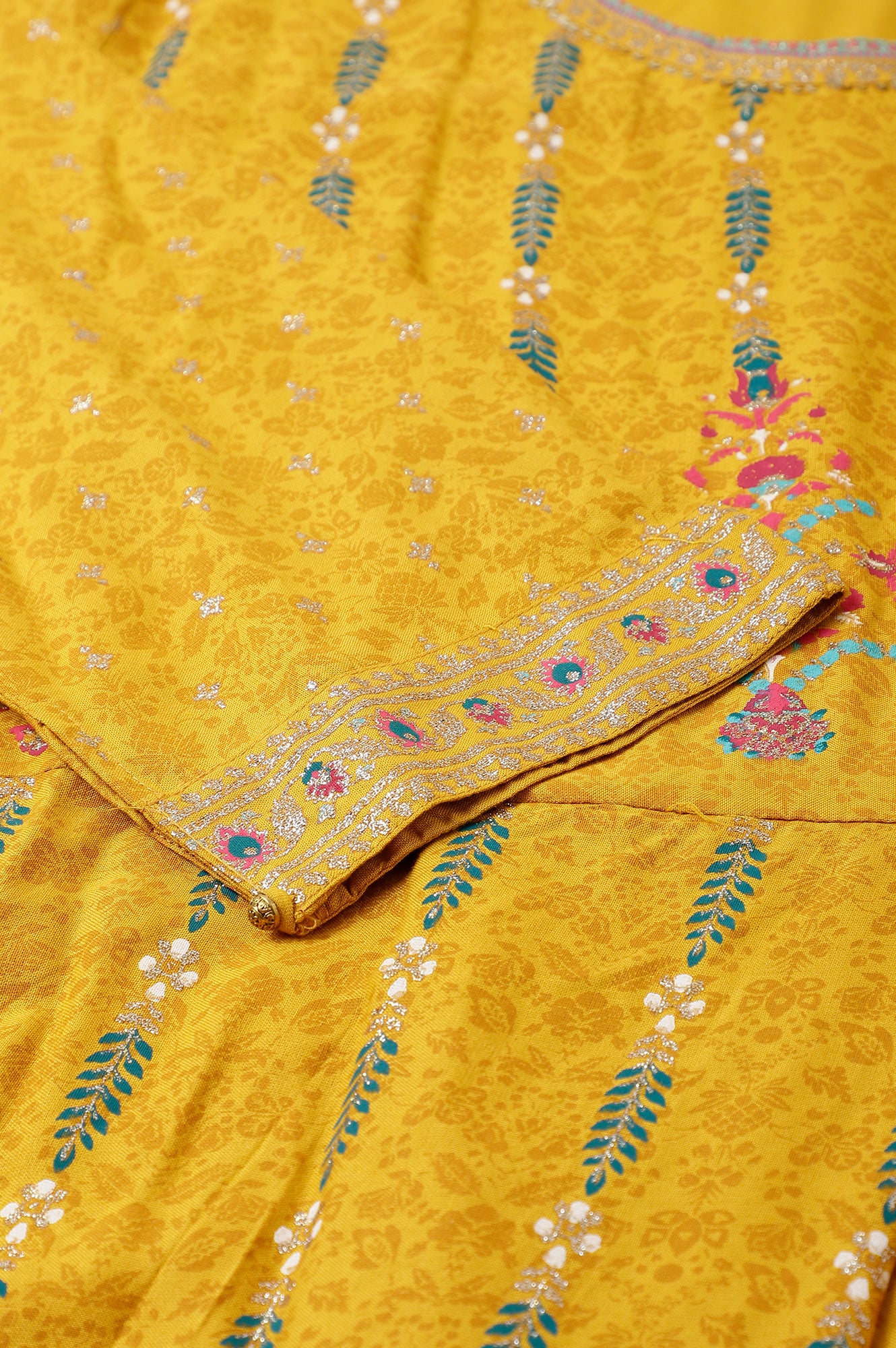 Yellow Glitter Printed Belted Georgette Saree Dress - Image 8