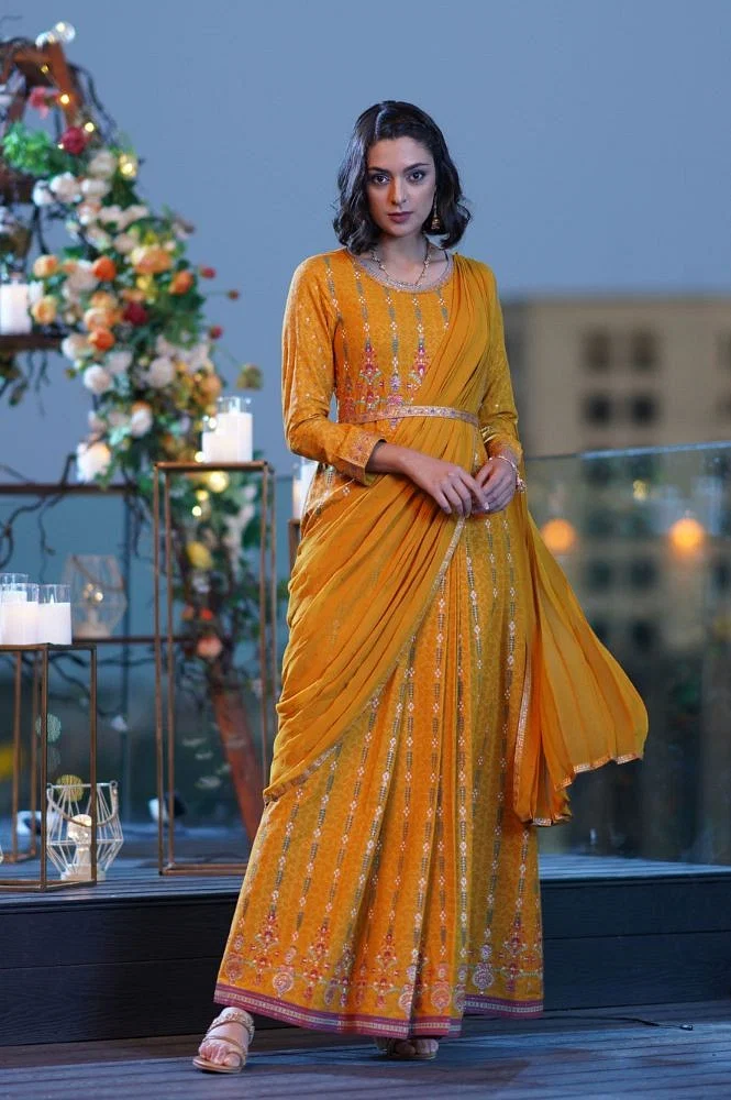 Yellow Glitter Printed Festive Pre-drape Saree Dress with Belt - Image 2