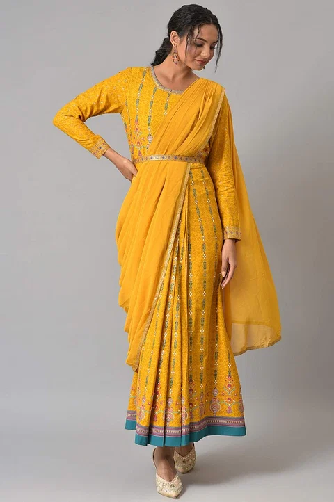 Yellow Glitter Printed Festive Pre-drape Saree Dress with Belt - Image 3