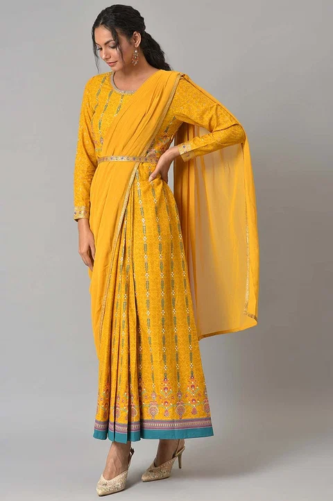 Yellow Glitter Printed Festive Pre-drape Saree Dress with Belt - Image 4