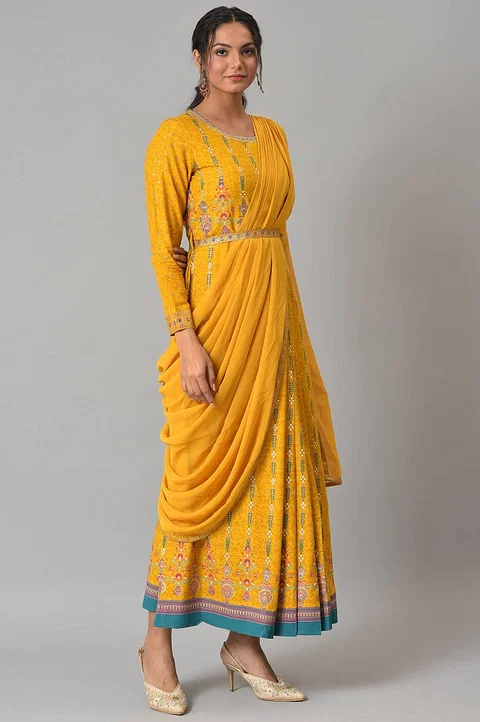 Yellow Glitter Printed Festive Pre-drape Saree Dress with Belt - Image 5