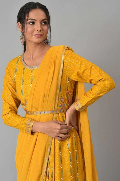 Yellow Glitter Printed Festive Pre-drape Saree Dress with Belt - Image 6
