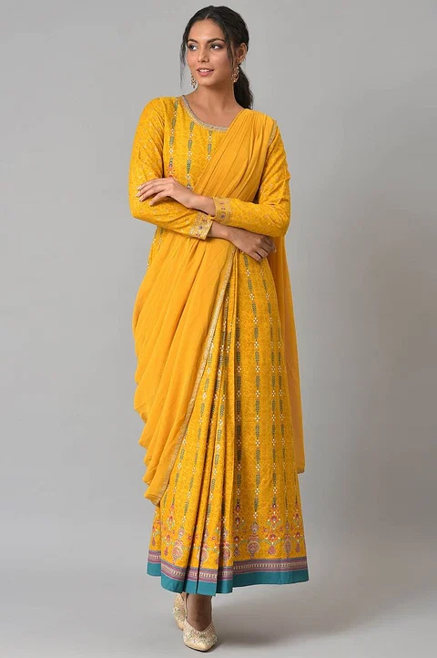 Yellow Glitter Printed Festive Pre-drape Saree Dress with Belt - Image 7