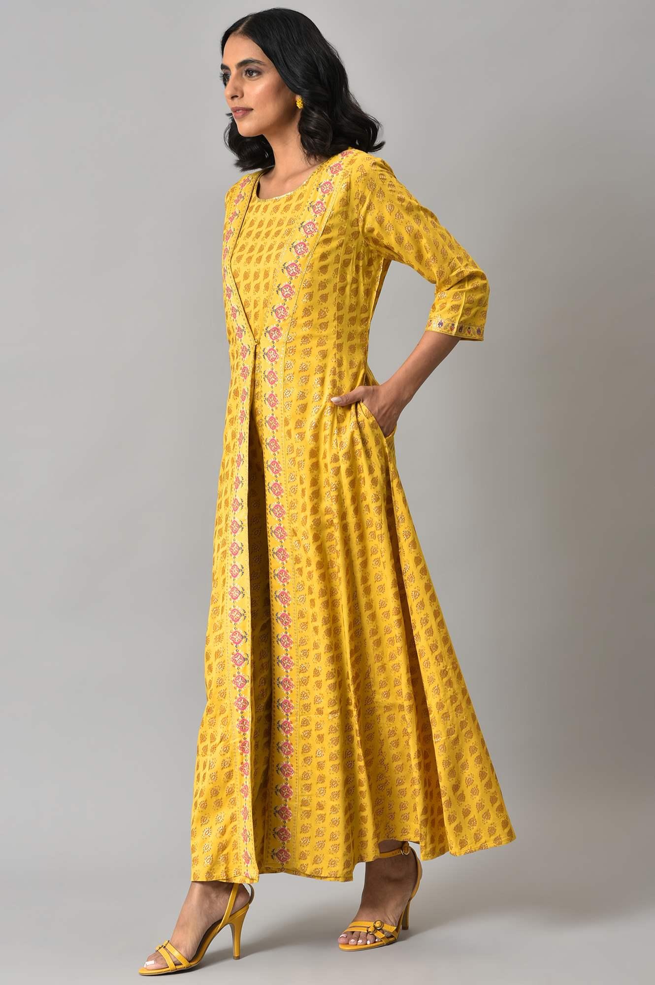 Yellow Glitter Printed Mock Layered Embellished Jumpsuit - Image 3