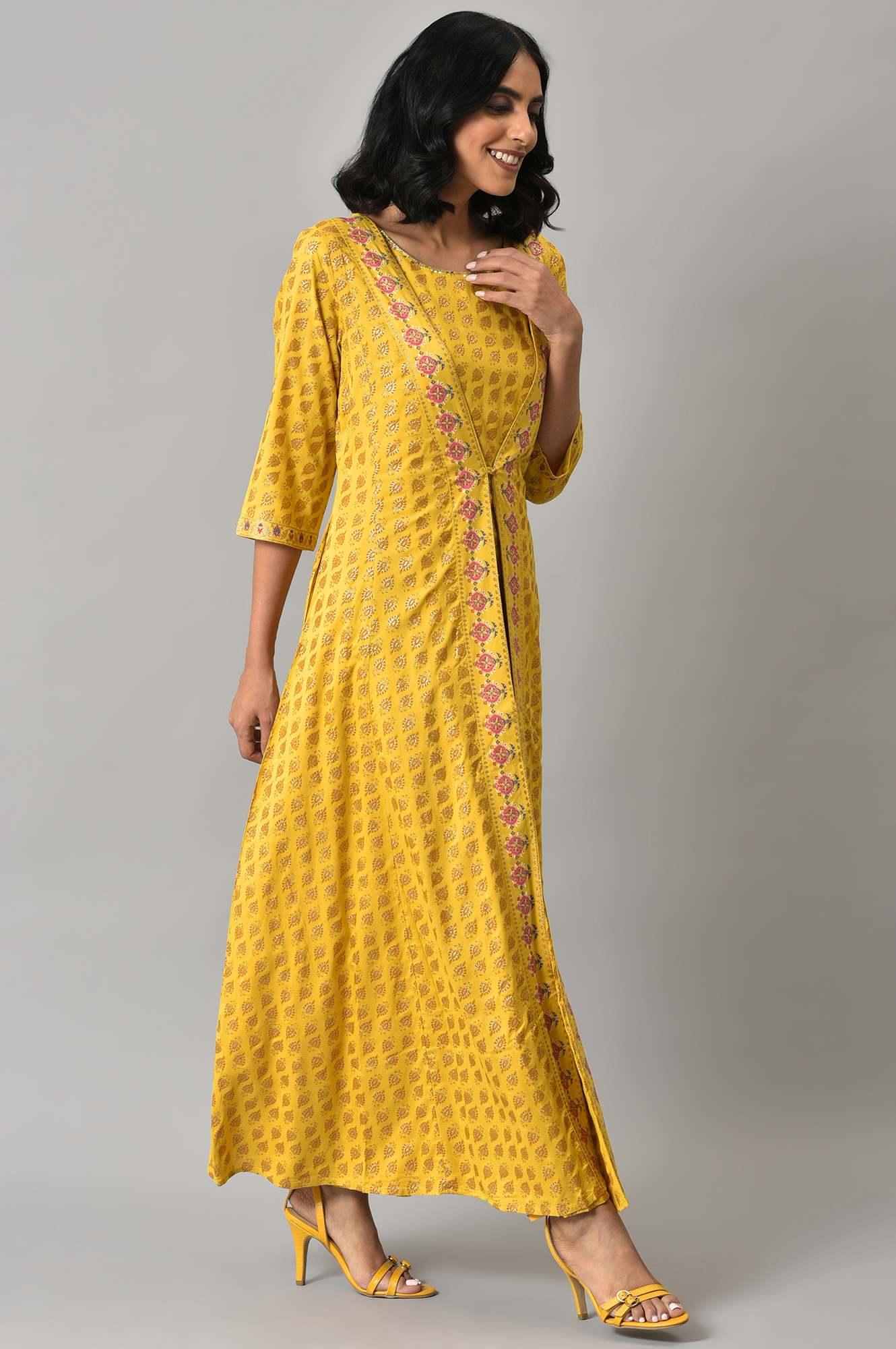 Yellow Glitter Printed Mock Layered Embellished Jumpsuit - Image 4