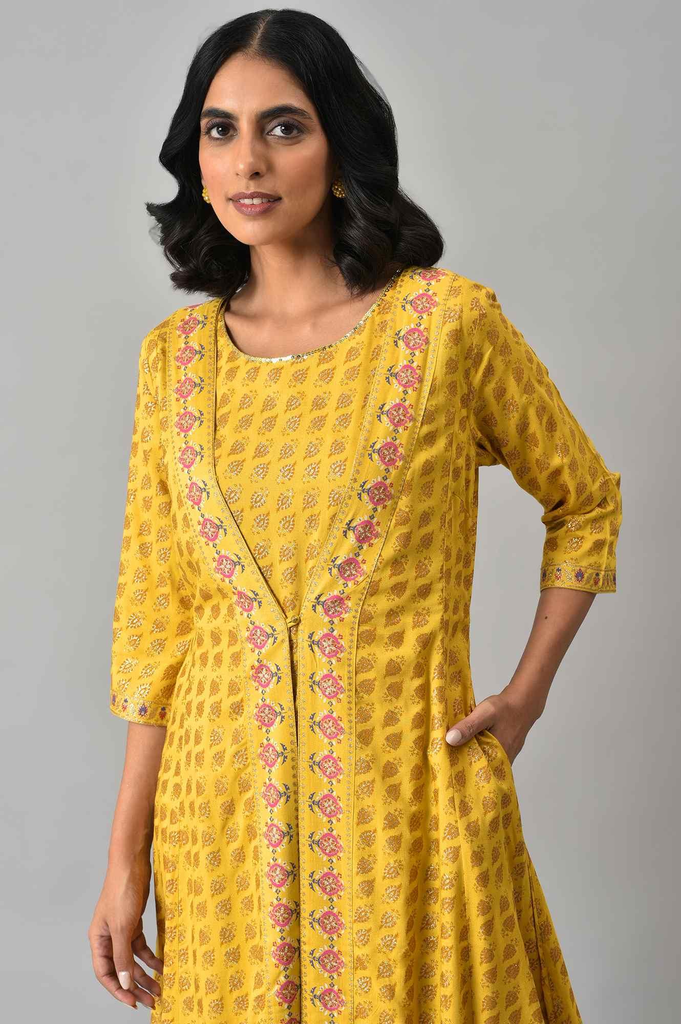 Yellow Glitter Printed Mock Layered Embellished Jumpsuit - Image 5