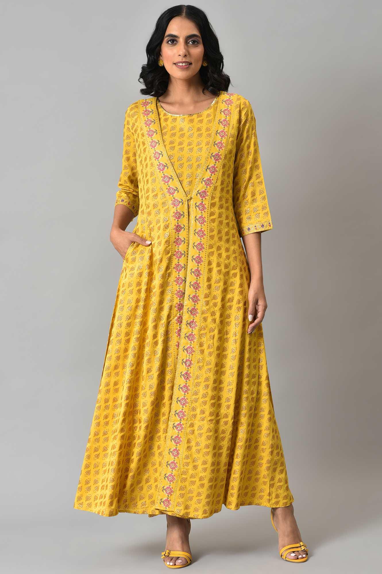 Yellow Glitter Printed Mock Layered Embellished Jumpsuit - Image 6