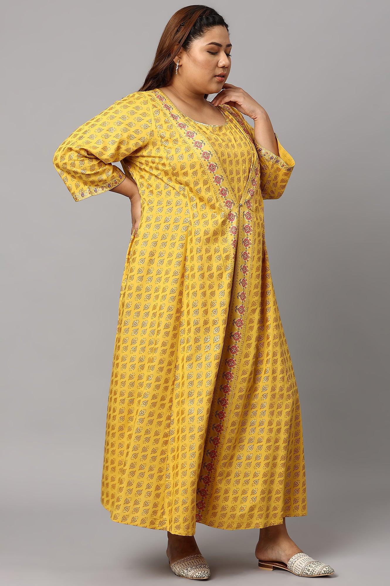 Yellow Glitter Printed Mock Layered Embellished Plus Size Kimono Jumpsuit - Image 4