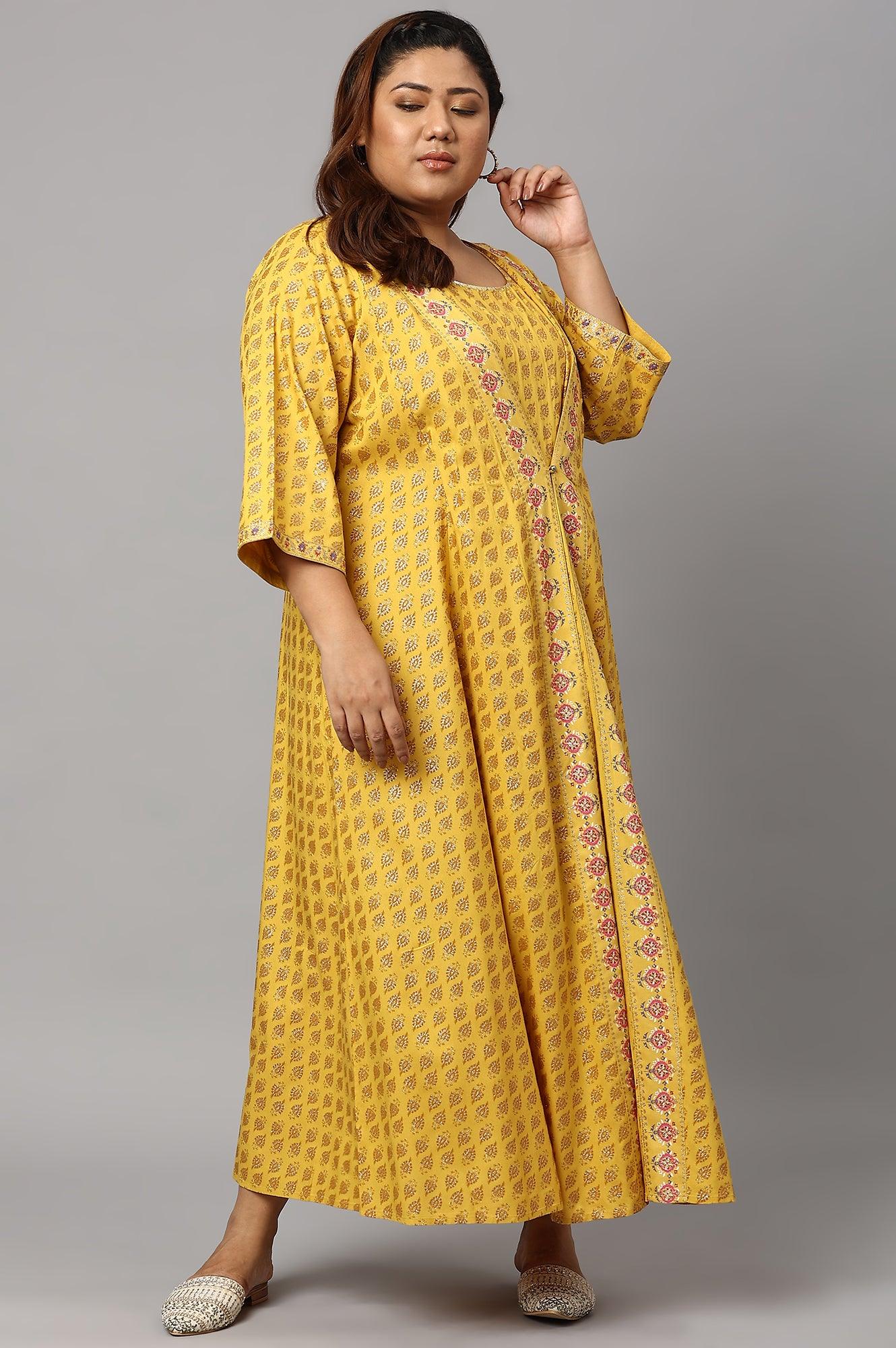 Yellow Glitter Printed Mock Layered Embellished Plus Size Kimono Jumpsuit - Image 6