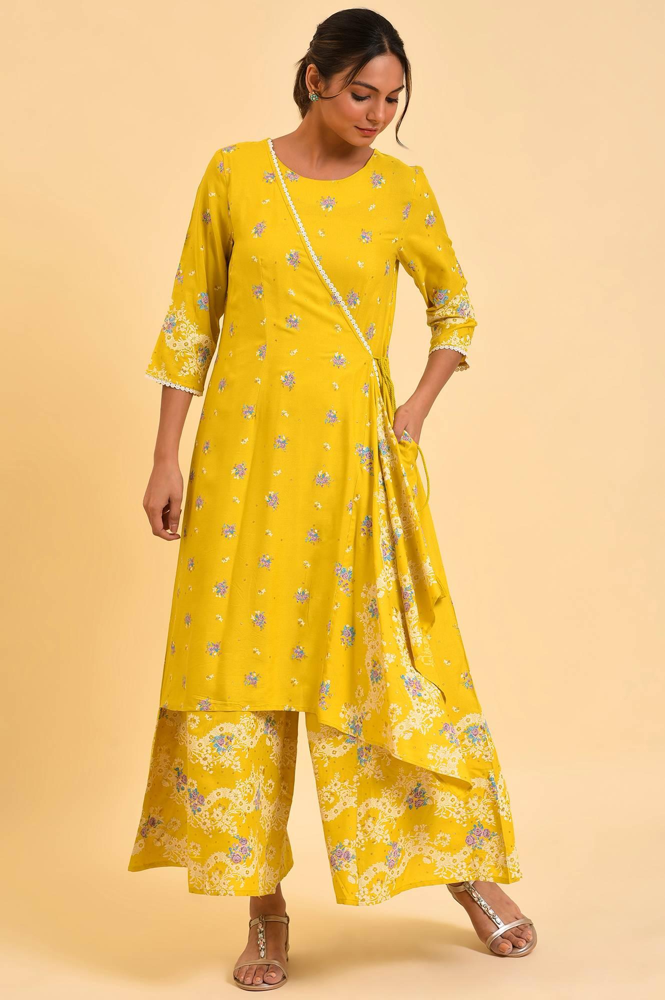 Yellow Glitter Printed Plus Size Angrakha Jumpsuit