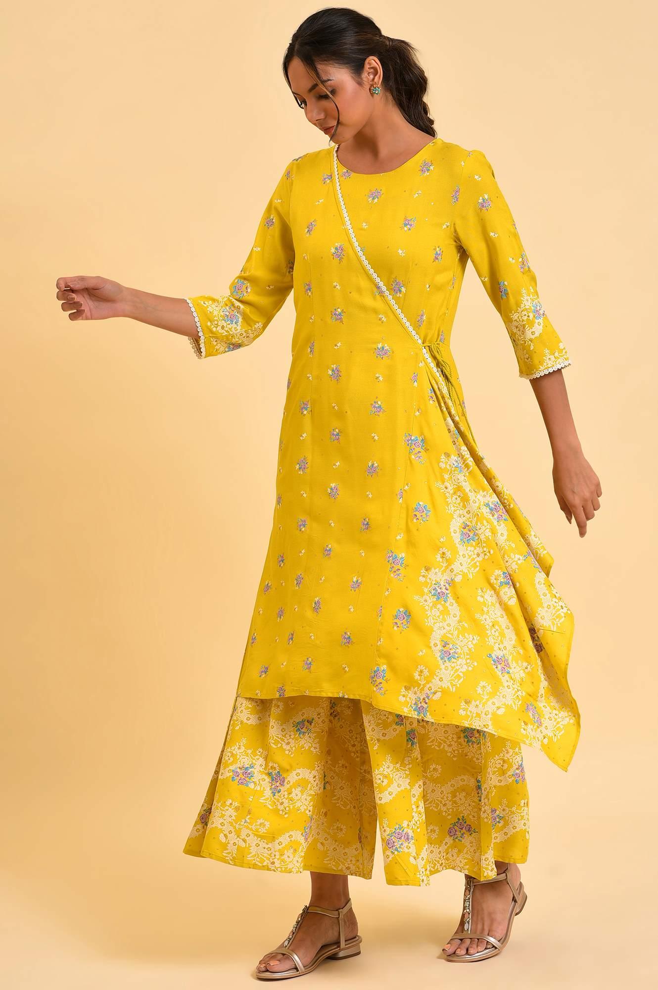 Yellow Glitter Printed Plus Size Angrakha Jumpsuit - Image 3