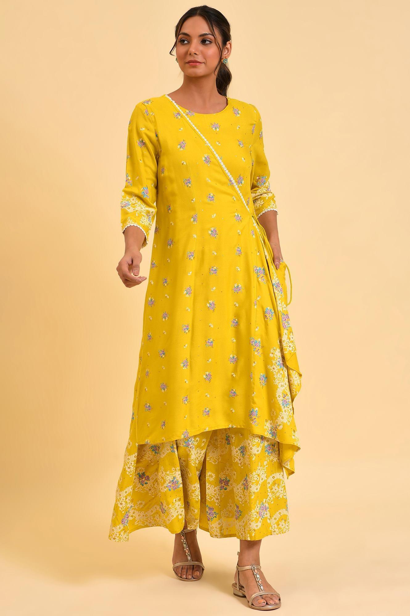 Yellow Glitter Printed Plus Size Angrakha Jumpsuit - Image 6