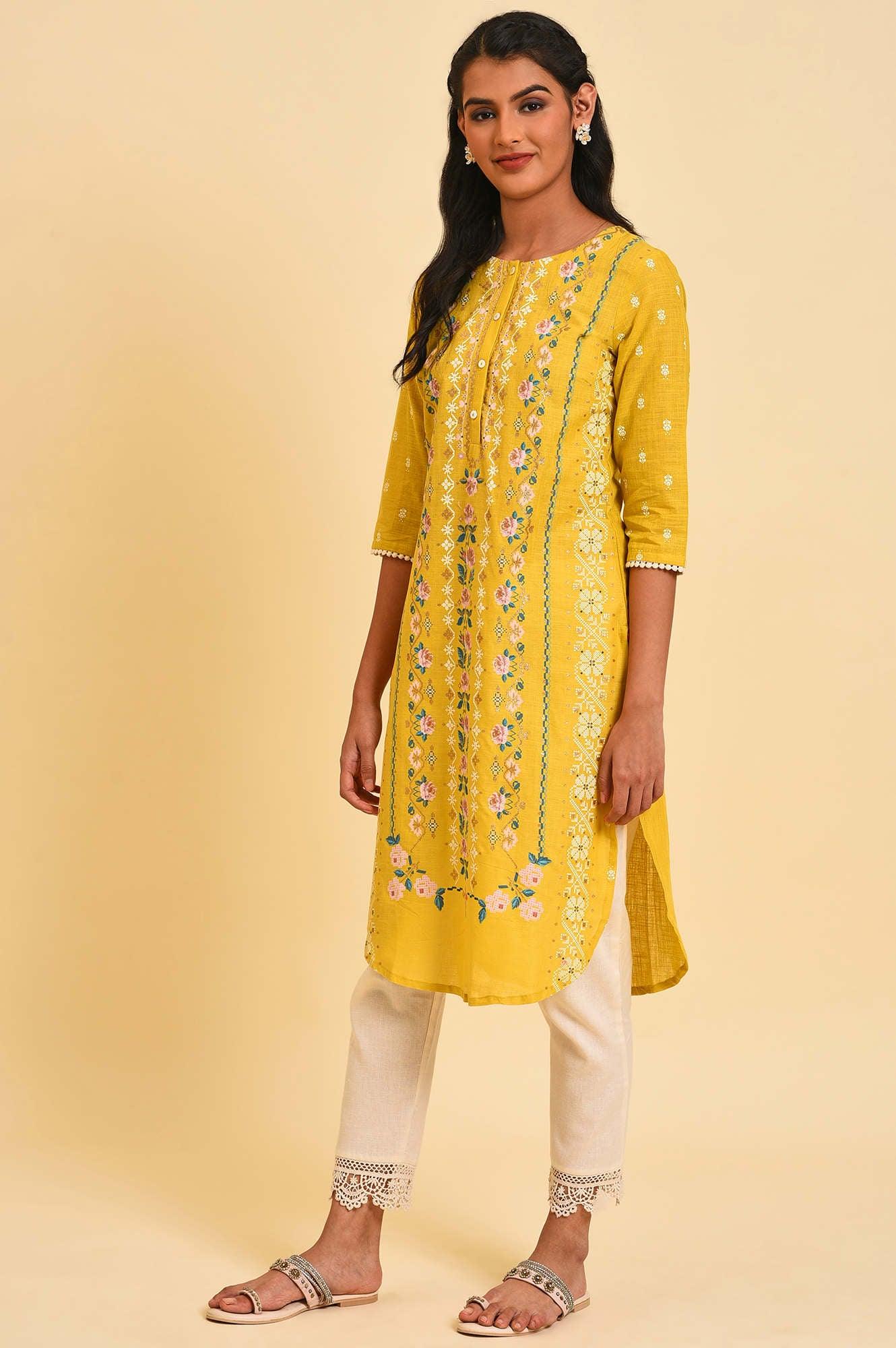 Yellow Glitter Printed Plus Size kurta - Image 3