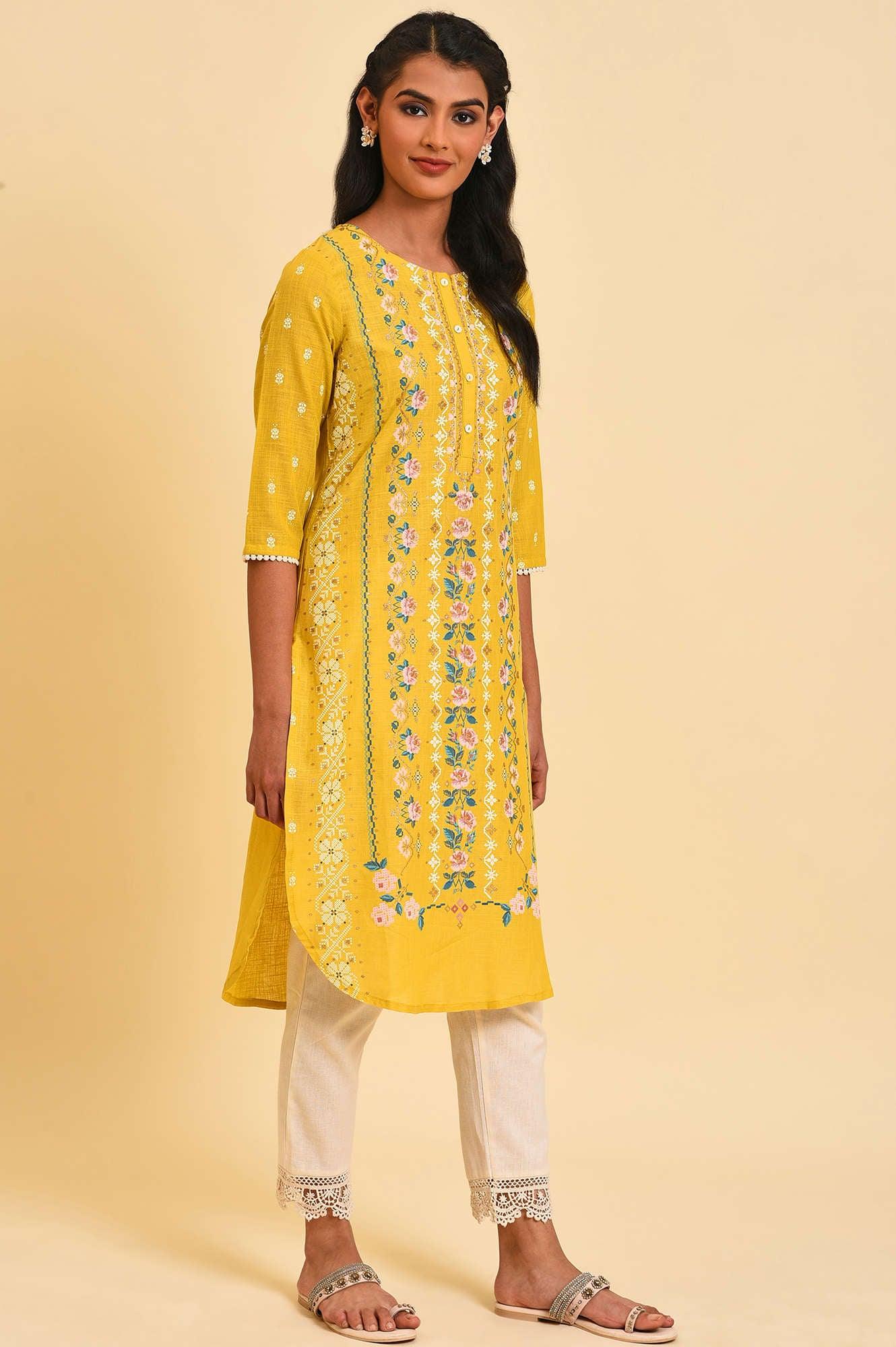 Yellow Glitter Printed Plus Size kurta - Image 4