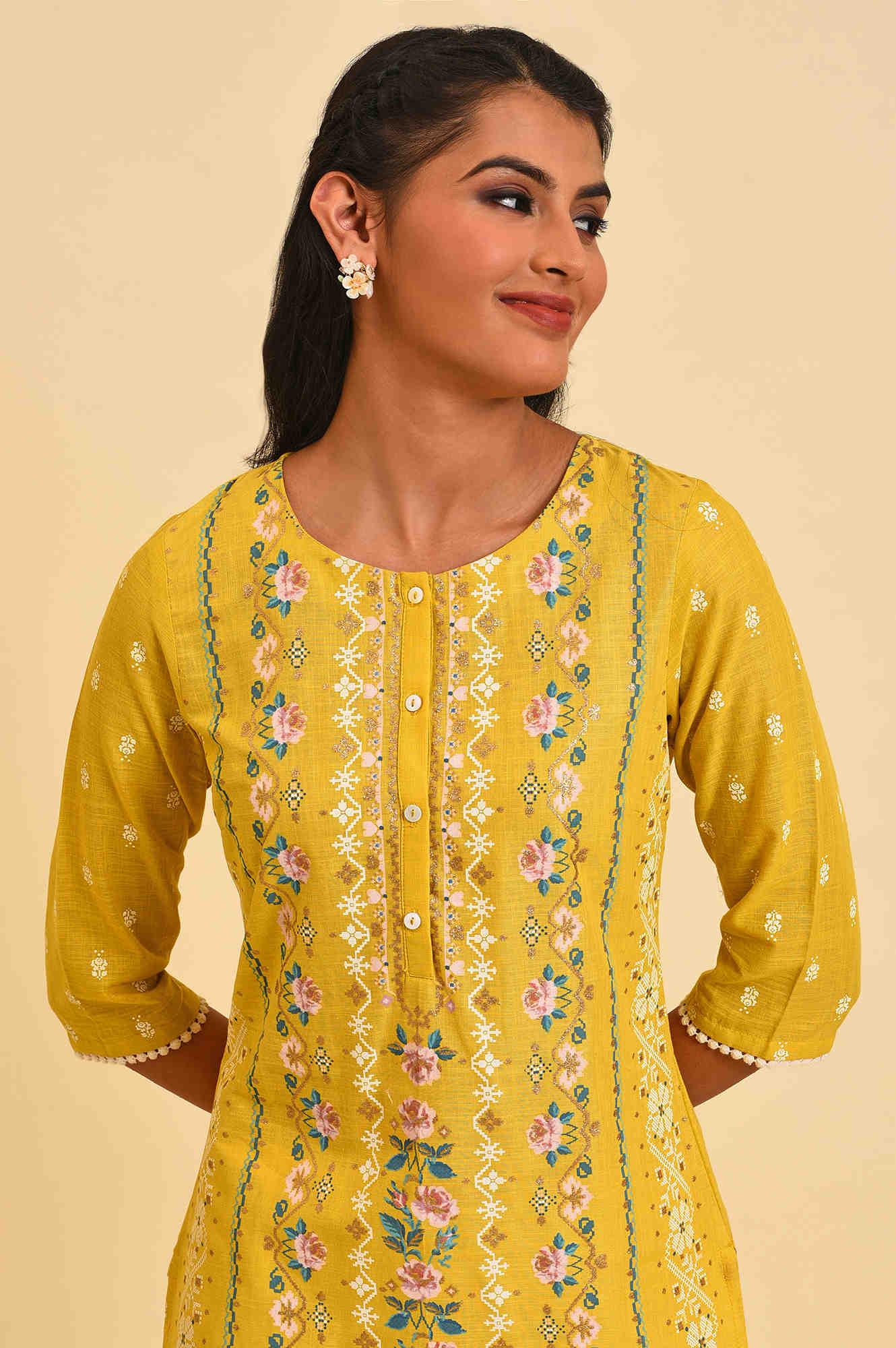 Yellow Glitter Printed Plus Size kurta - Image 5