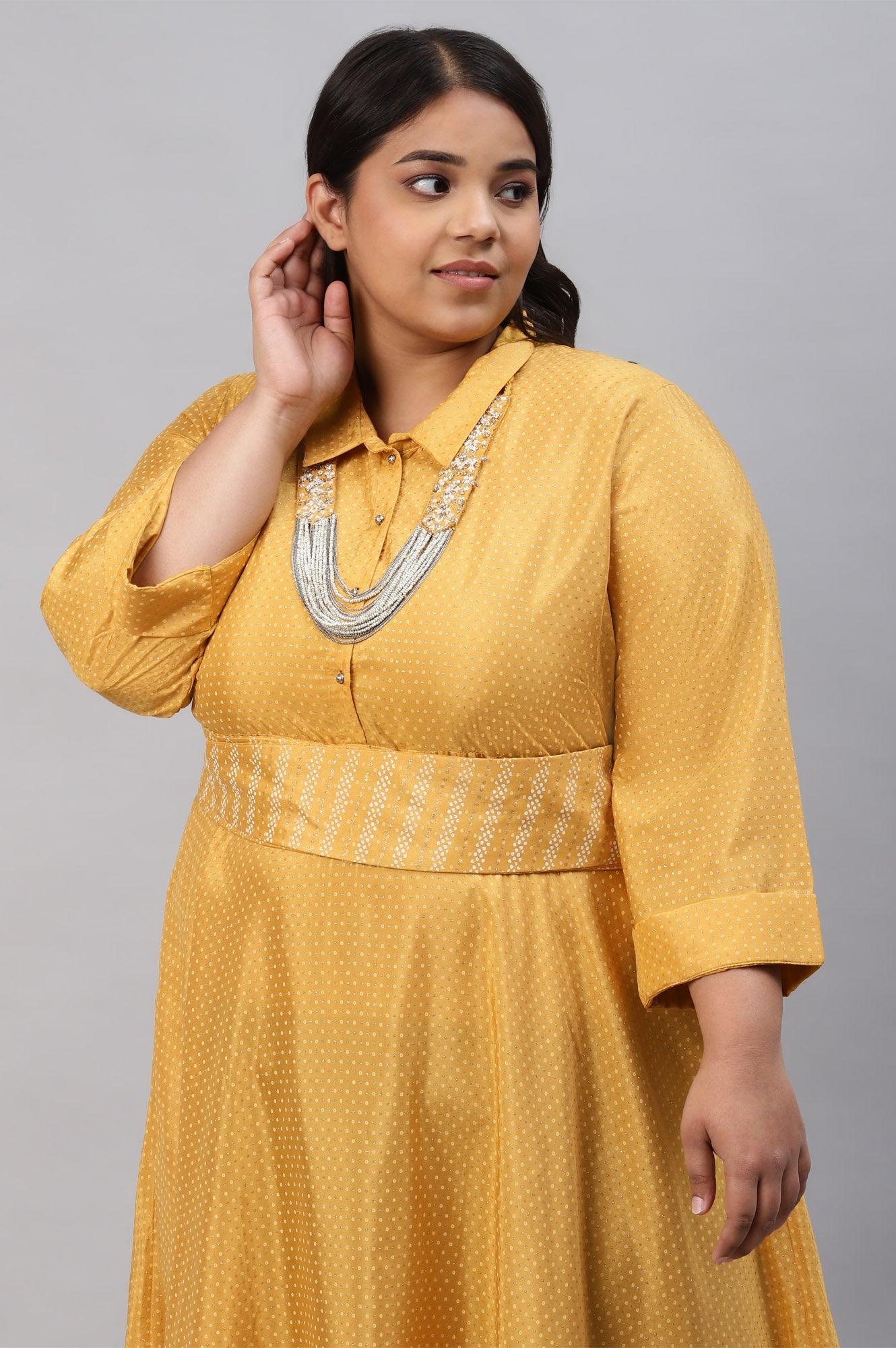 Yellow Glitter Printed Plus Size Shirt Dress With Embroidered Neckpiece - Image 6