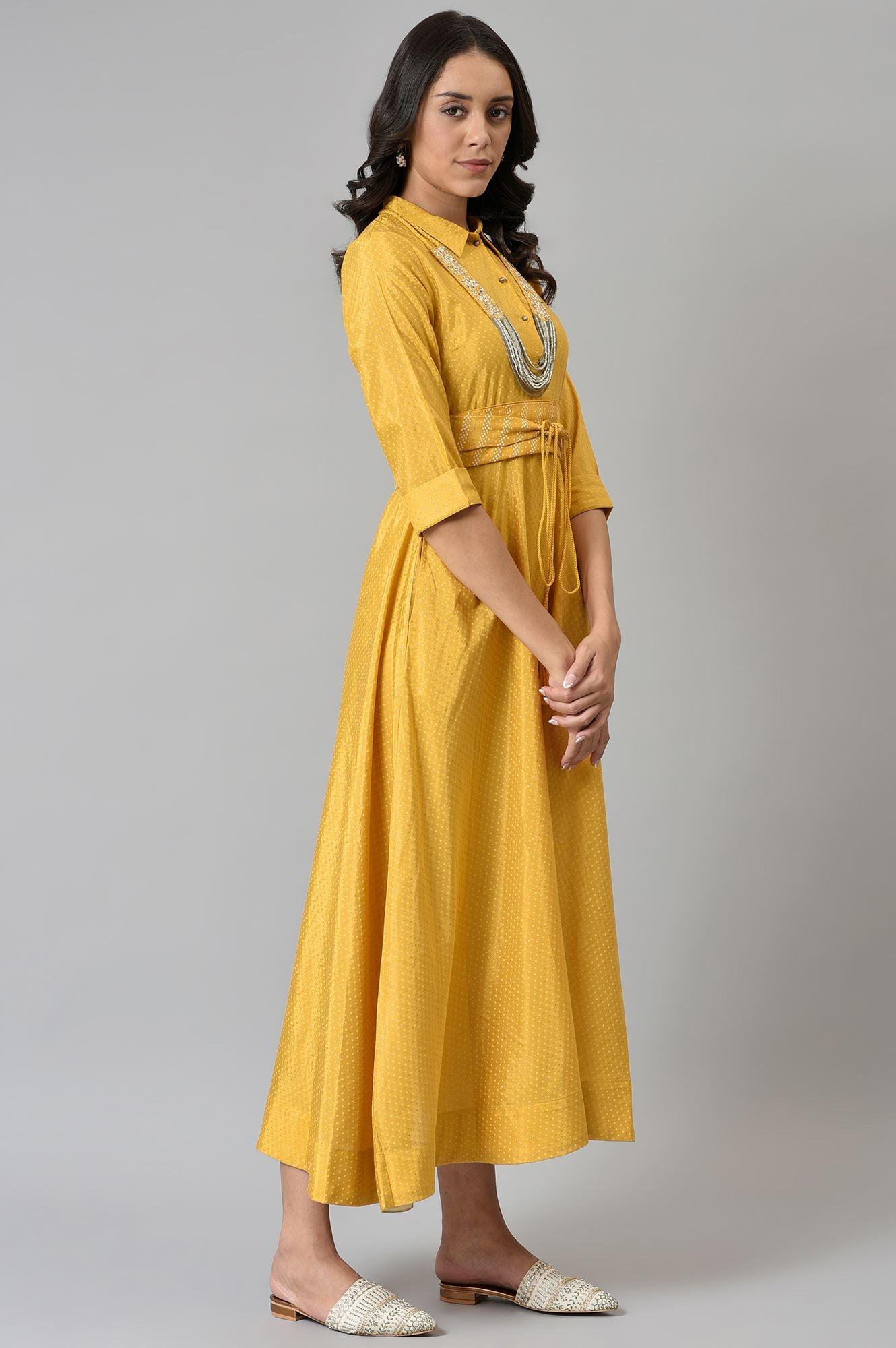 Yellow Glitter Printed Shirt Dress With Embroidered Neckpiece - Image 4