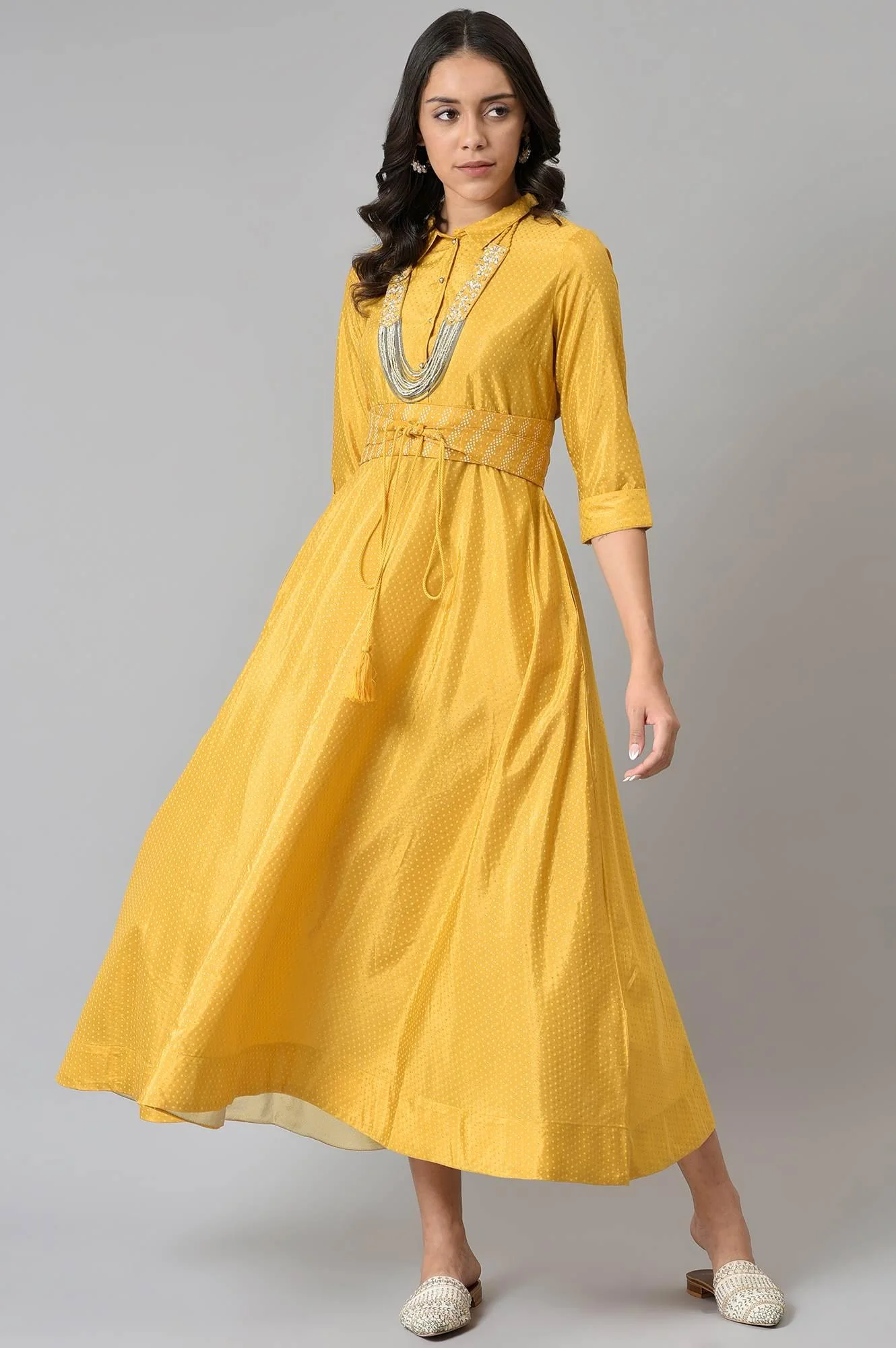 Yellow Glitter Printed Shirt Dress With Embroidered Neckpiece - Image 5