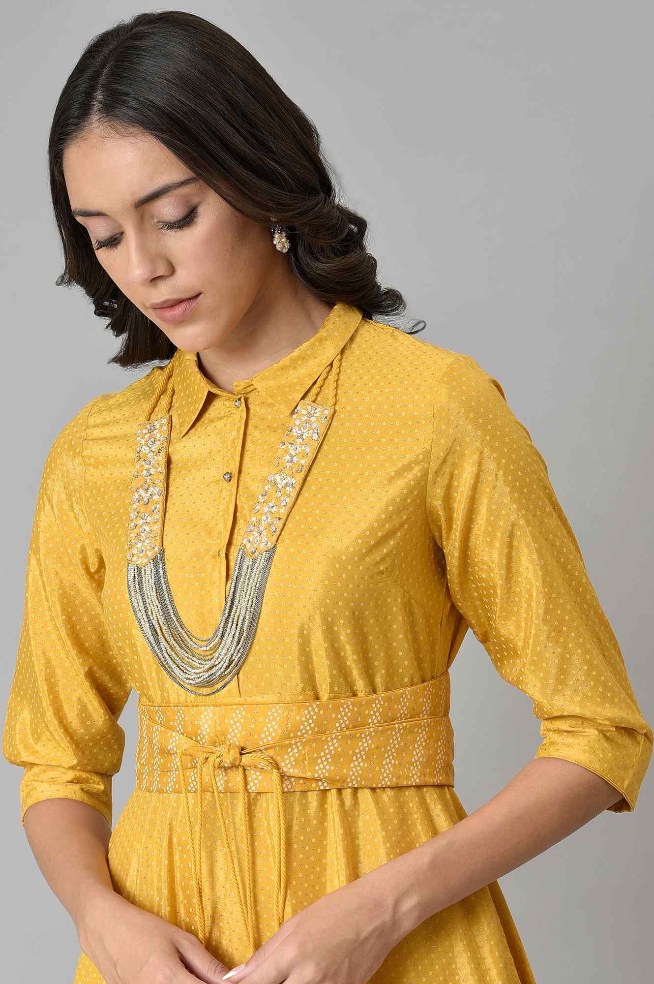 Yellow Glitter Printed Shirt Dress With Embroidered Neckpiece - Image 6