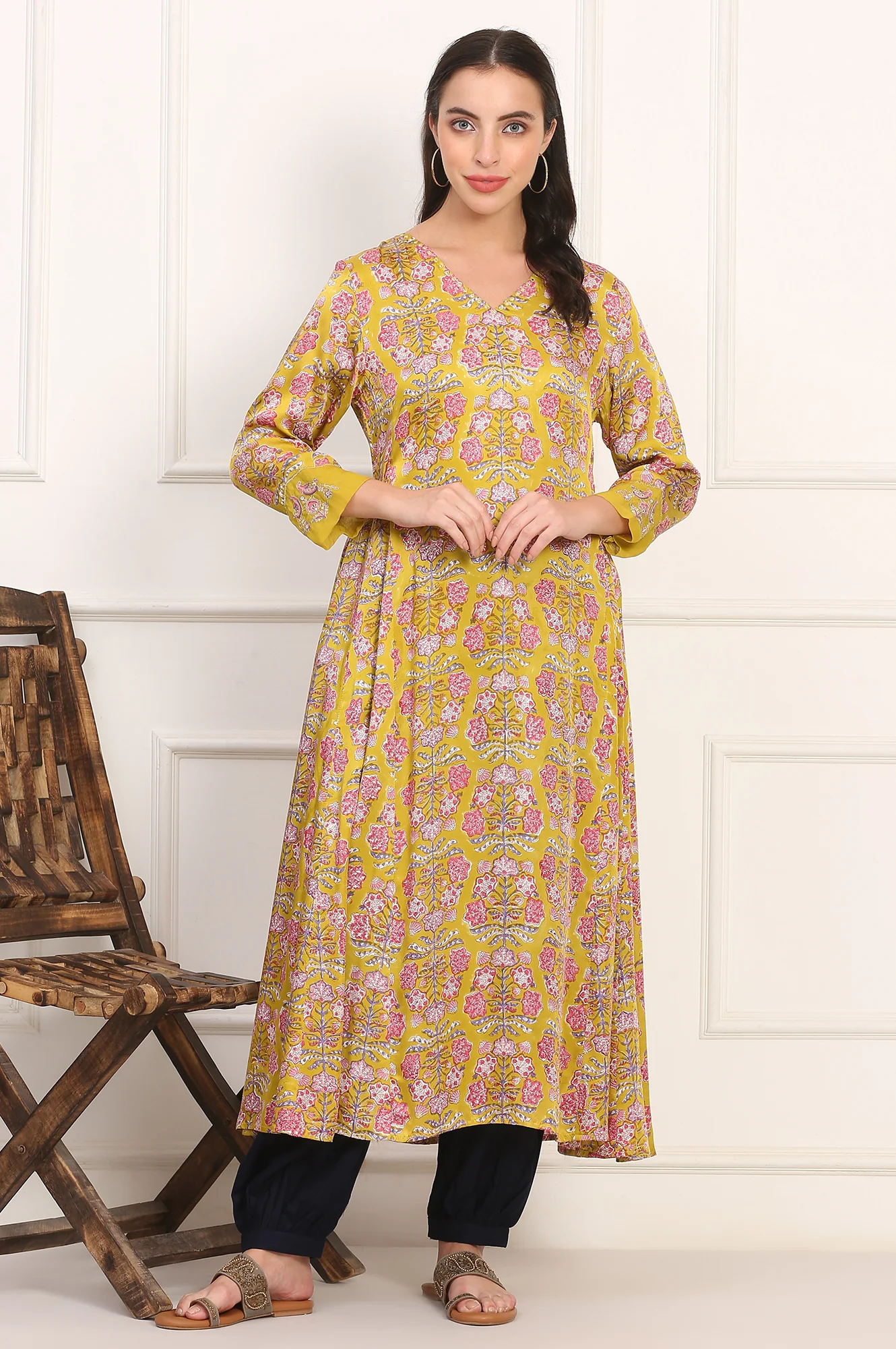 Yellow Hand Block Floral Printed Mirror Work Calf-Length Modal Satin Anarkali Kurta - Image 2