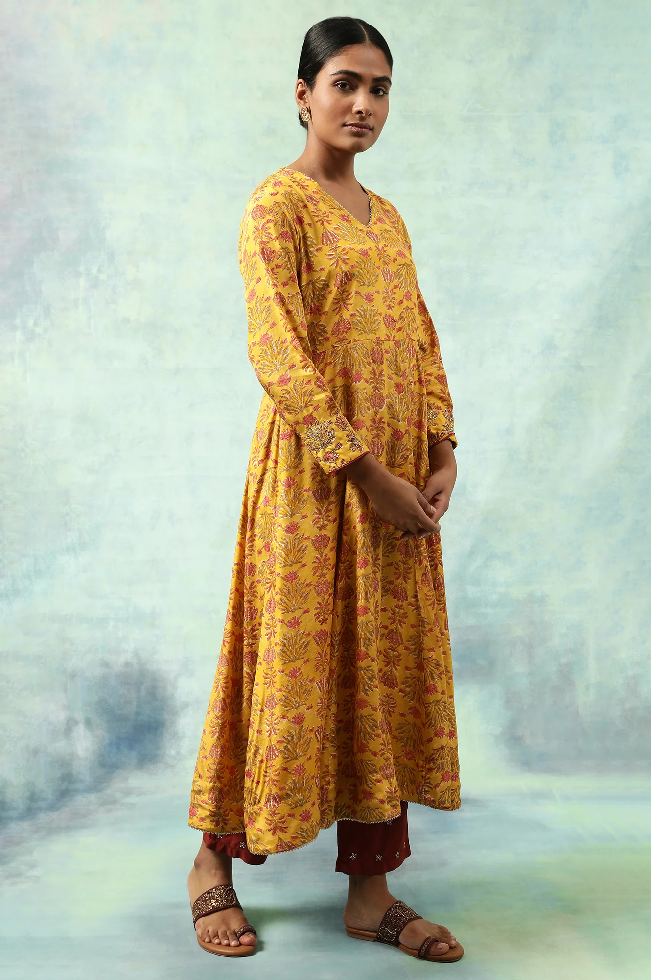Yellow Hand Block Print Anarkali kurta - Image 3
