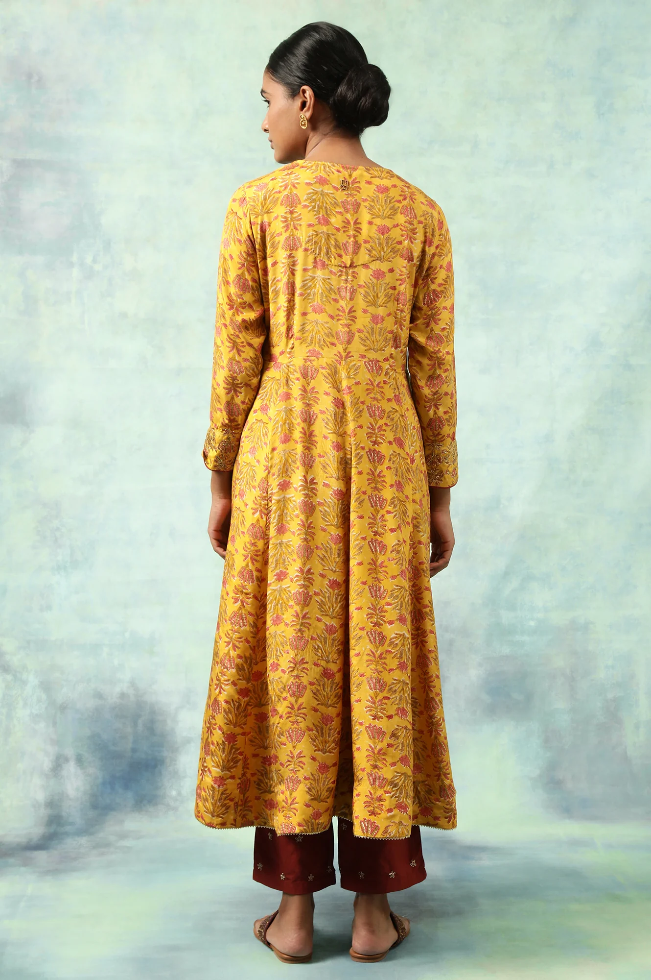 Yellow Hand Block Print Anarkali kurta - Image 4