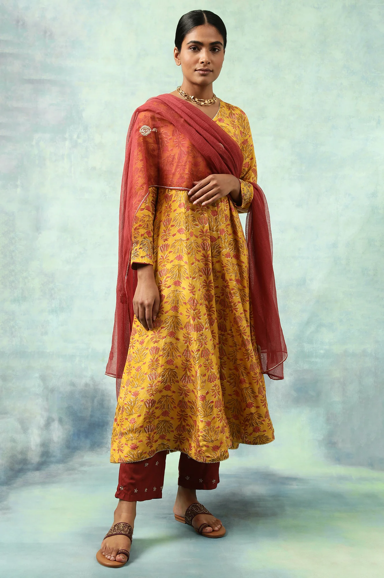Yellow Hand Block Print Anarkali kurta - Image 5