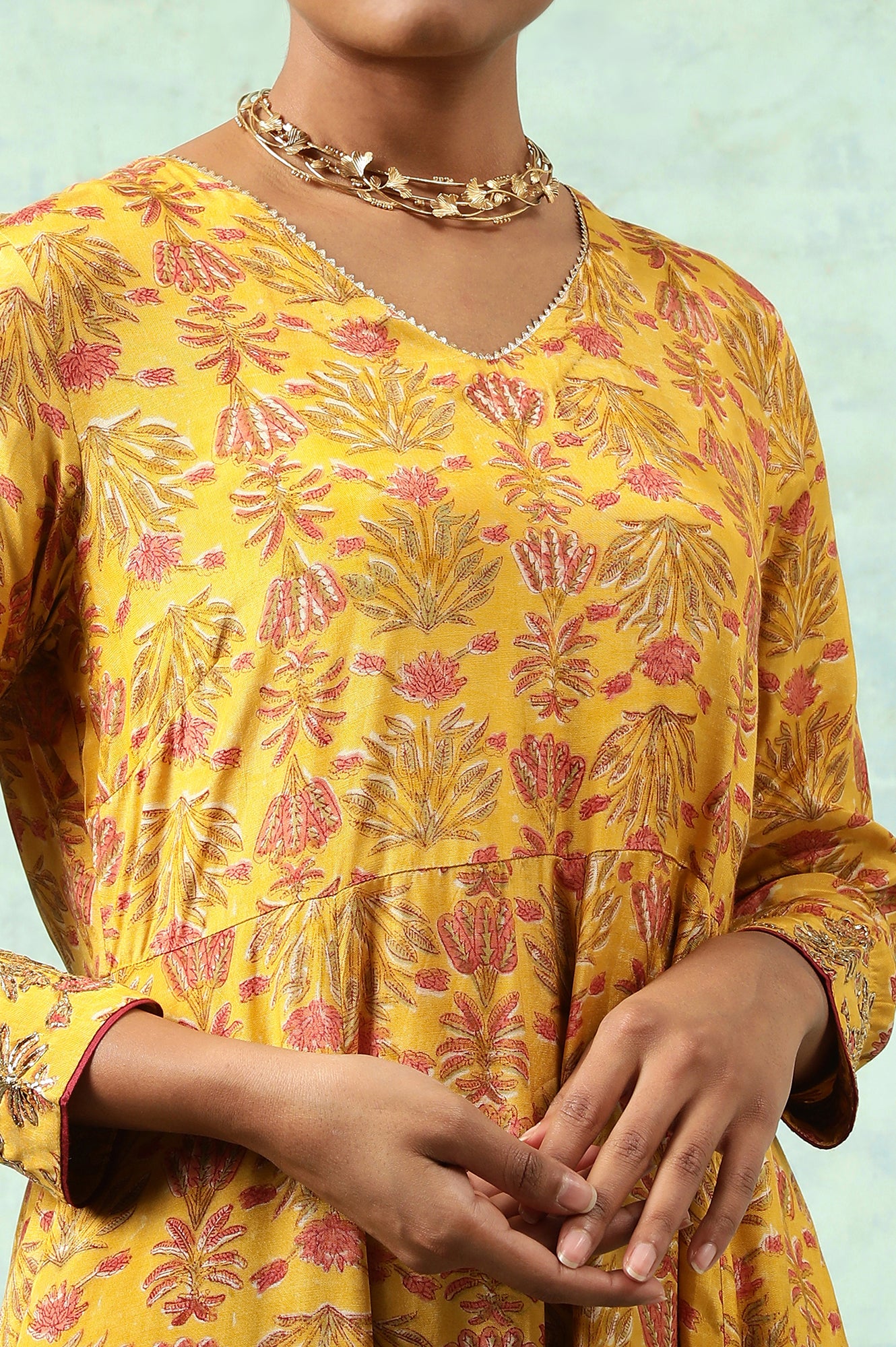 Yellow Hand Block Print Anarkali kurta - Image 6