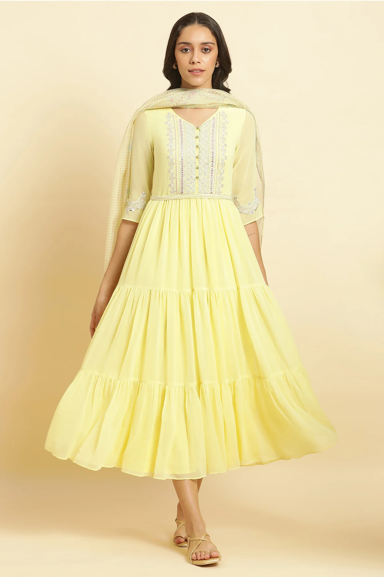 Yellow Heavy Festive Dress and Dupatta Set - Image 2
