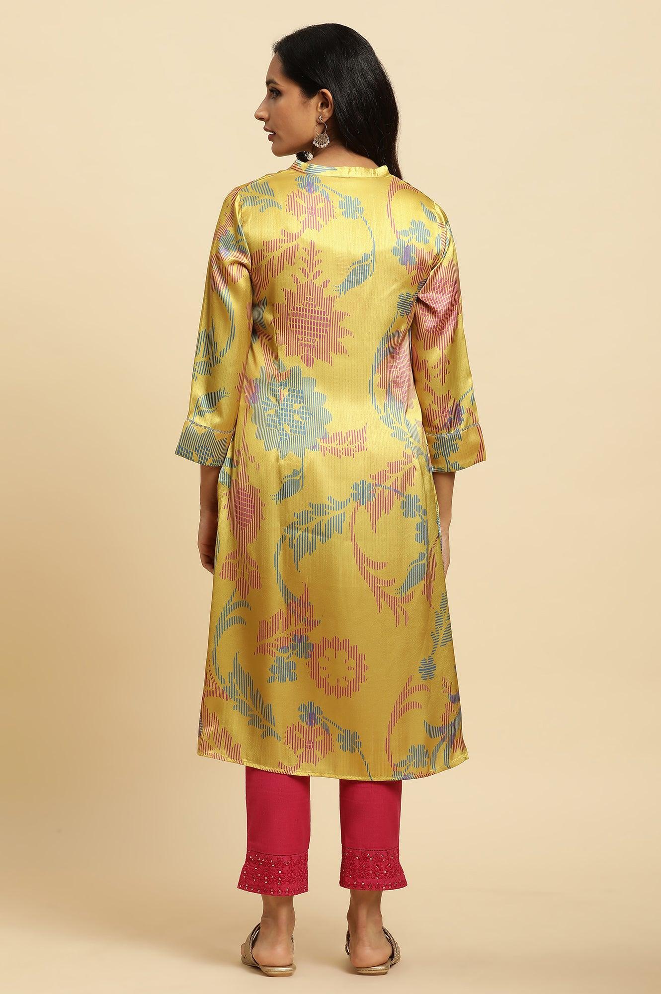 Yellow Japanese Satin Floral Printed Kurta - Image 4