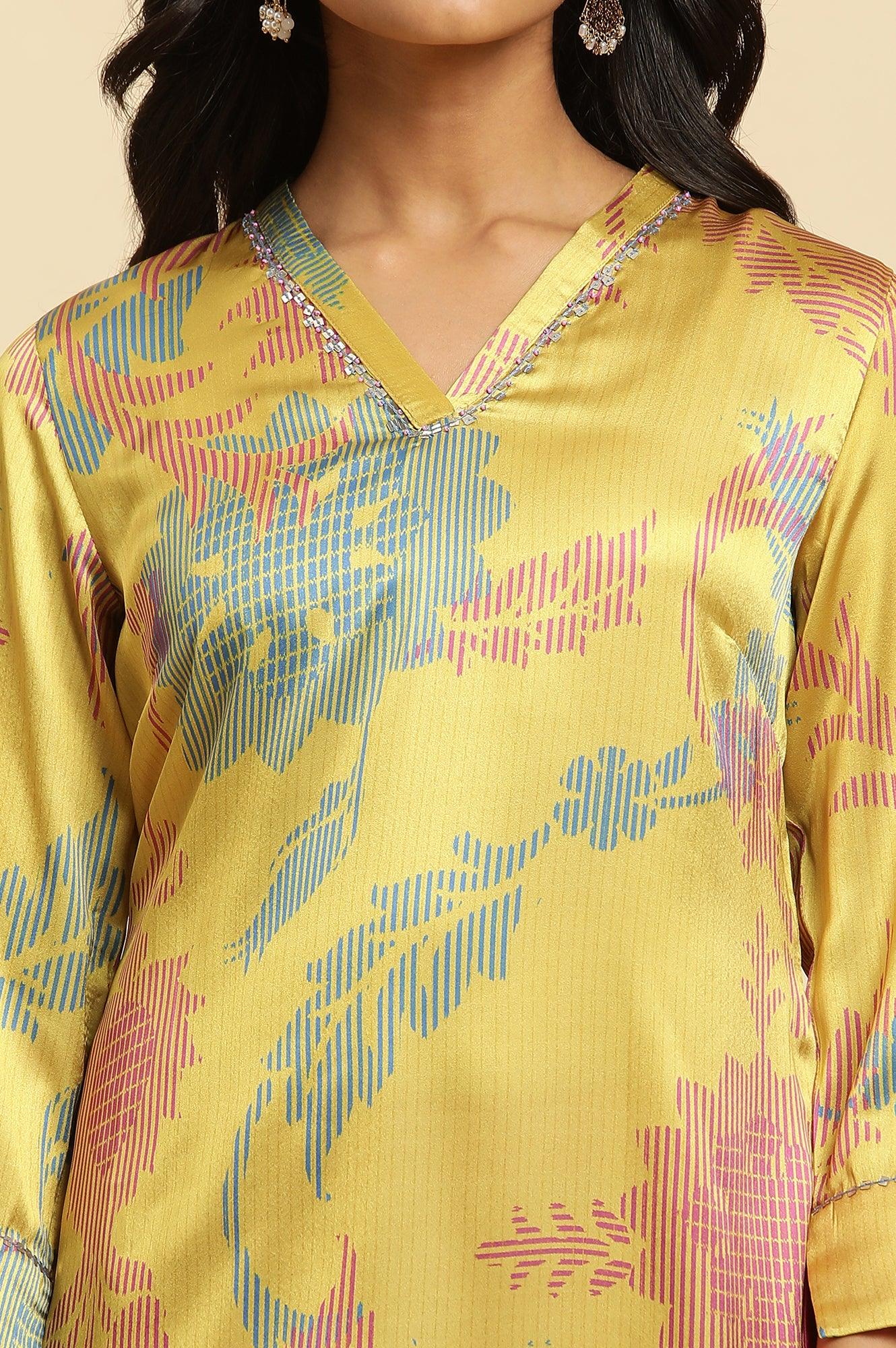 Yellow Japanese Satin Floral Printed Kurta - Image 6