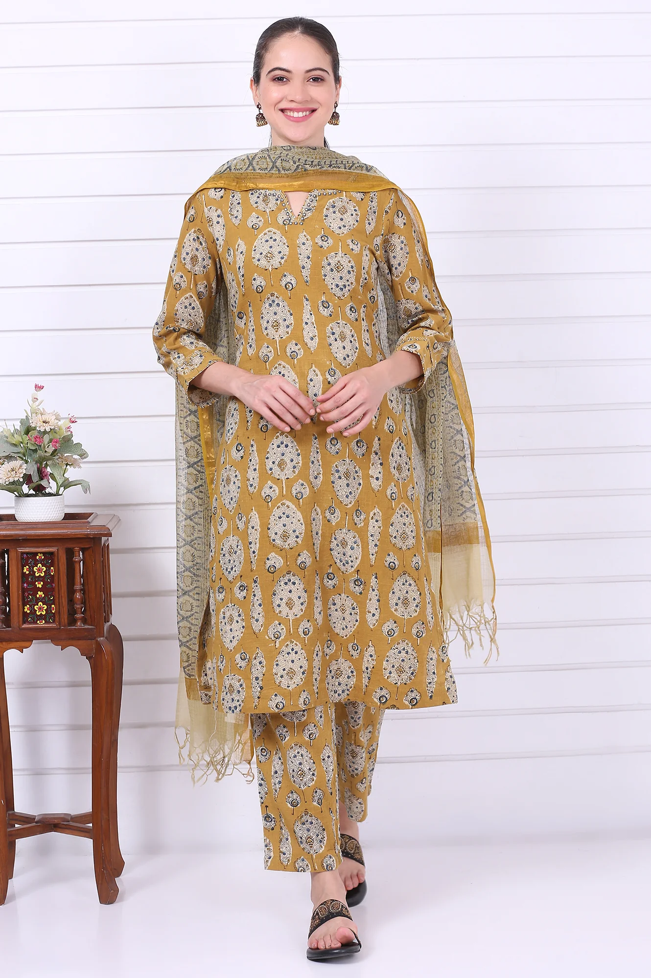 Yellow Kalamkari Printed Mirror Work Straight Pure Cotton Kurta, Pants and Dupatta Set - Image 3