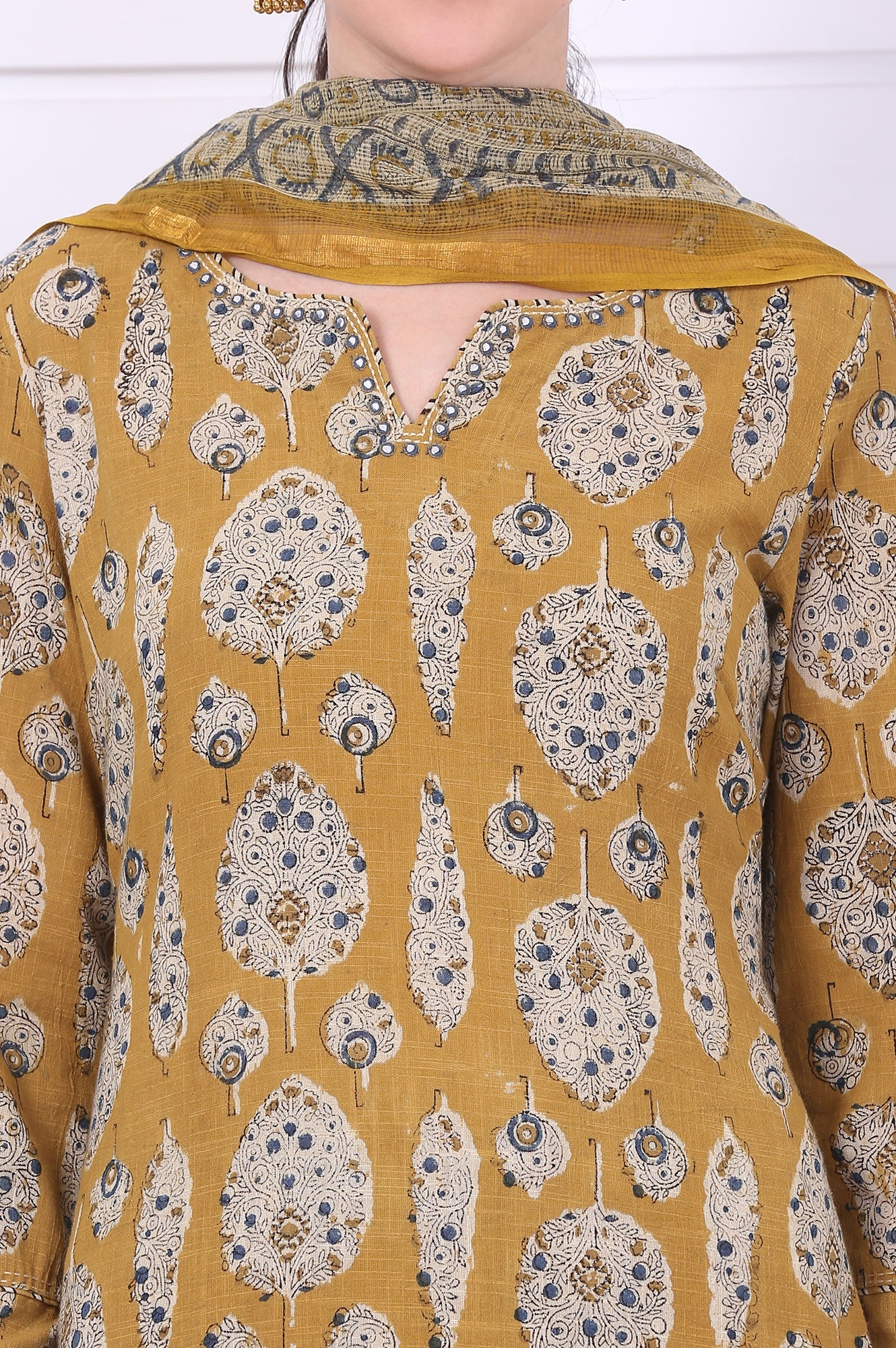 Yellow Kalamkari Printed Mirror Work Straight Pure Cotton Kurta, Pants and Dupatta Set - Image 4